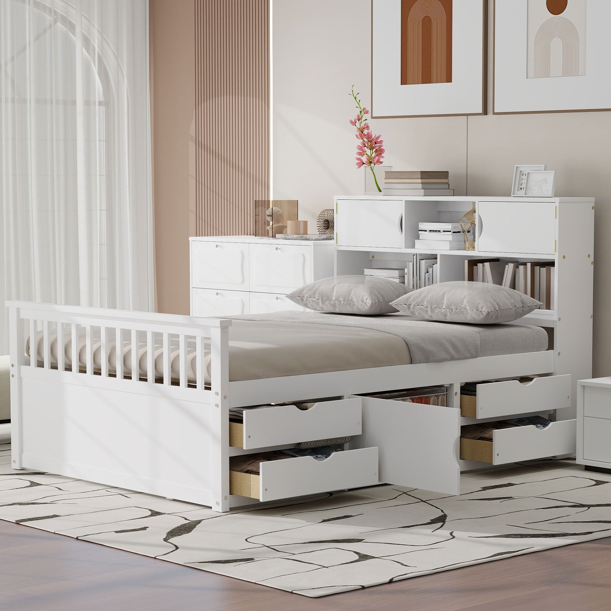 Gdfstudio Wood Captain Platform Bed With Storage Bookcase Headboard