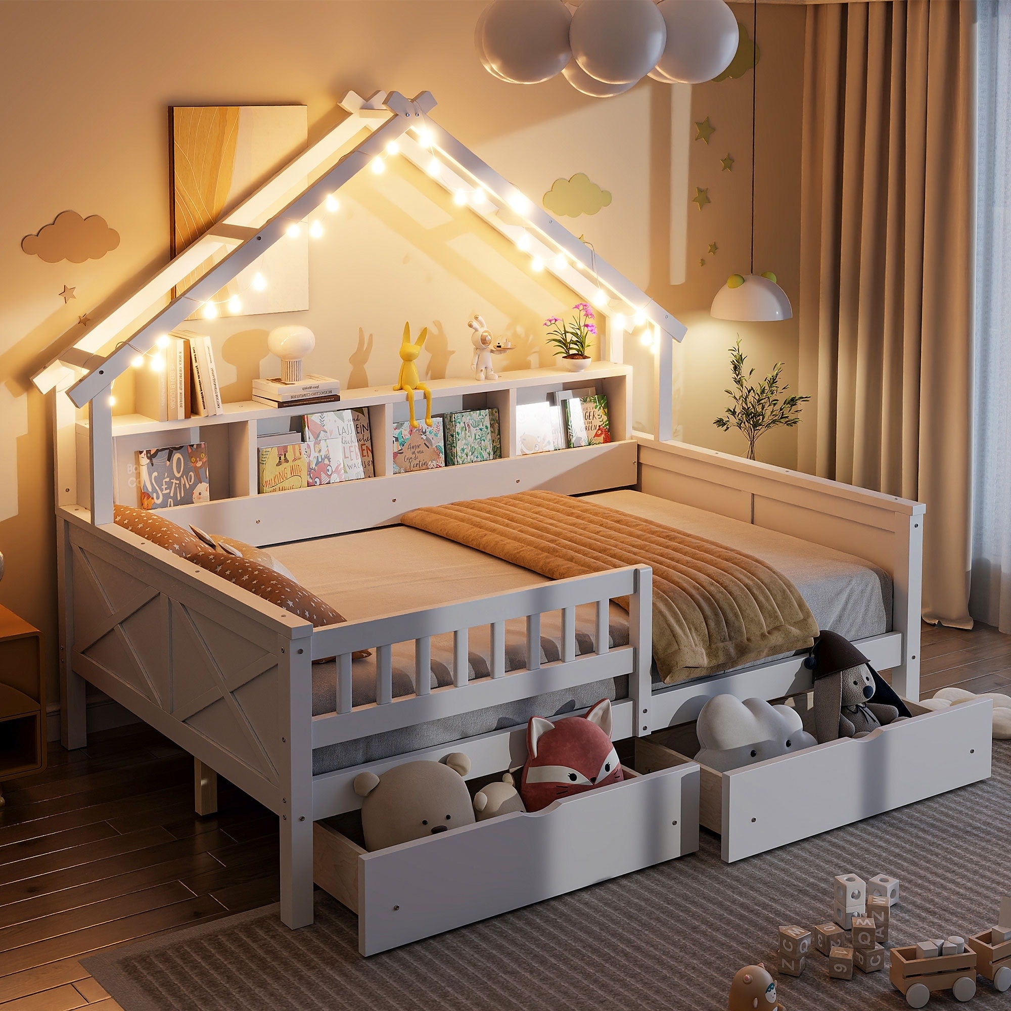 Gdfstudio Wood House Platform Bed With Led Storage Shelves Drawers And Guardrail