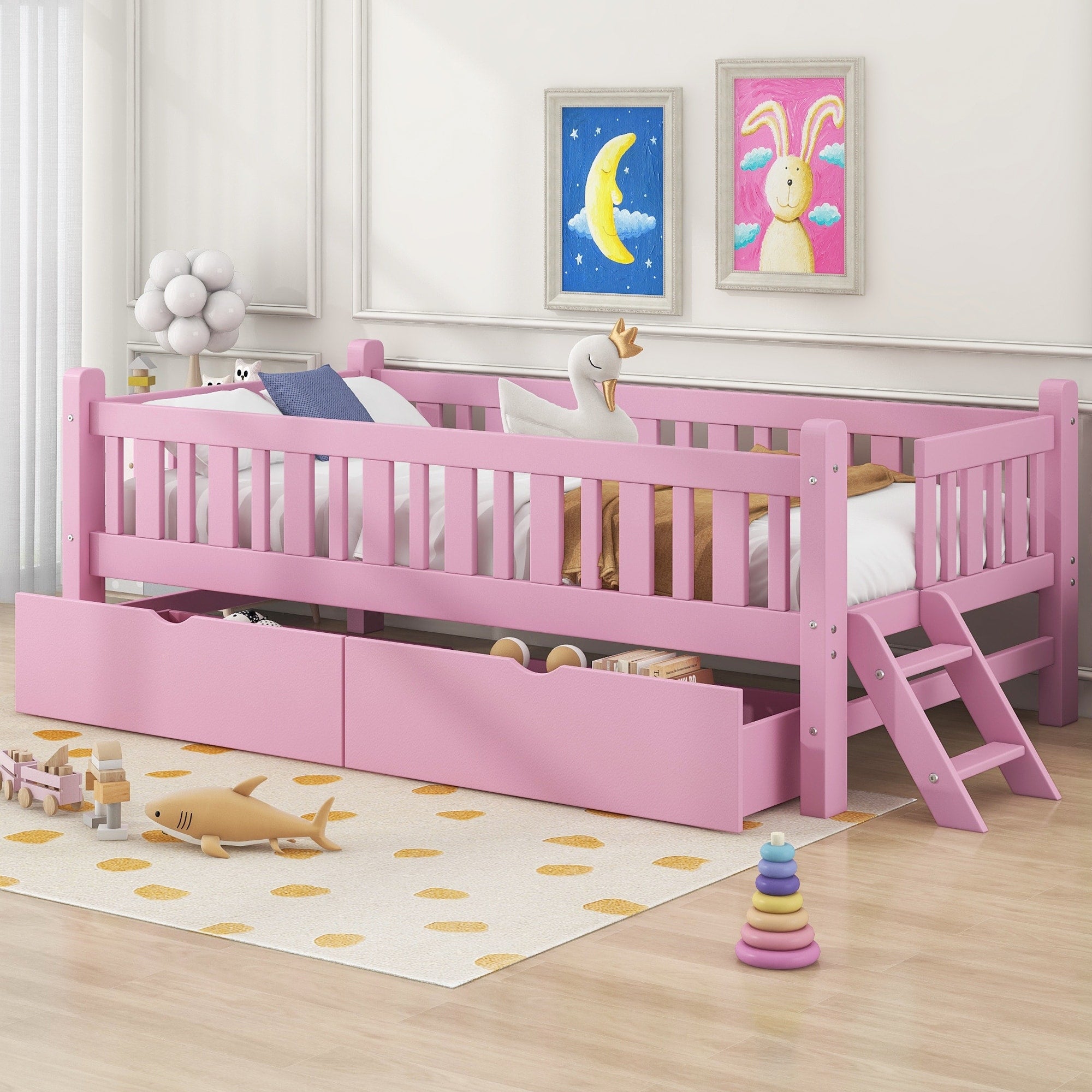 Gdfstudio Wood Twin Platform Bed With Guardrail Drawers And Storage