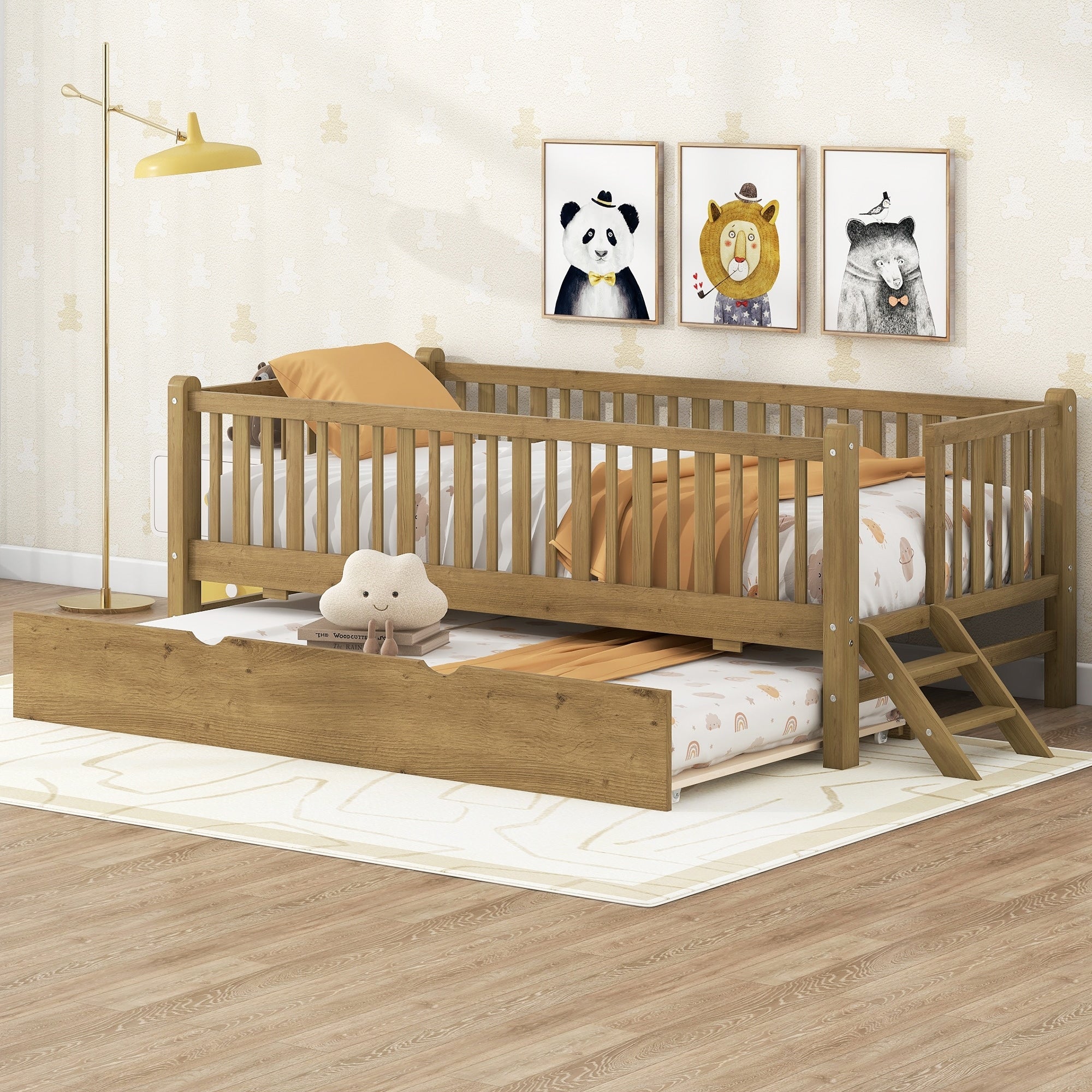 Gdfstudio Wood Twin Platform Bed With Guardrail Trundle And Storage Walnut