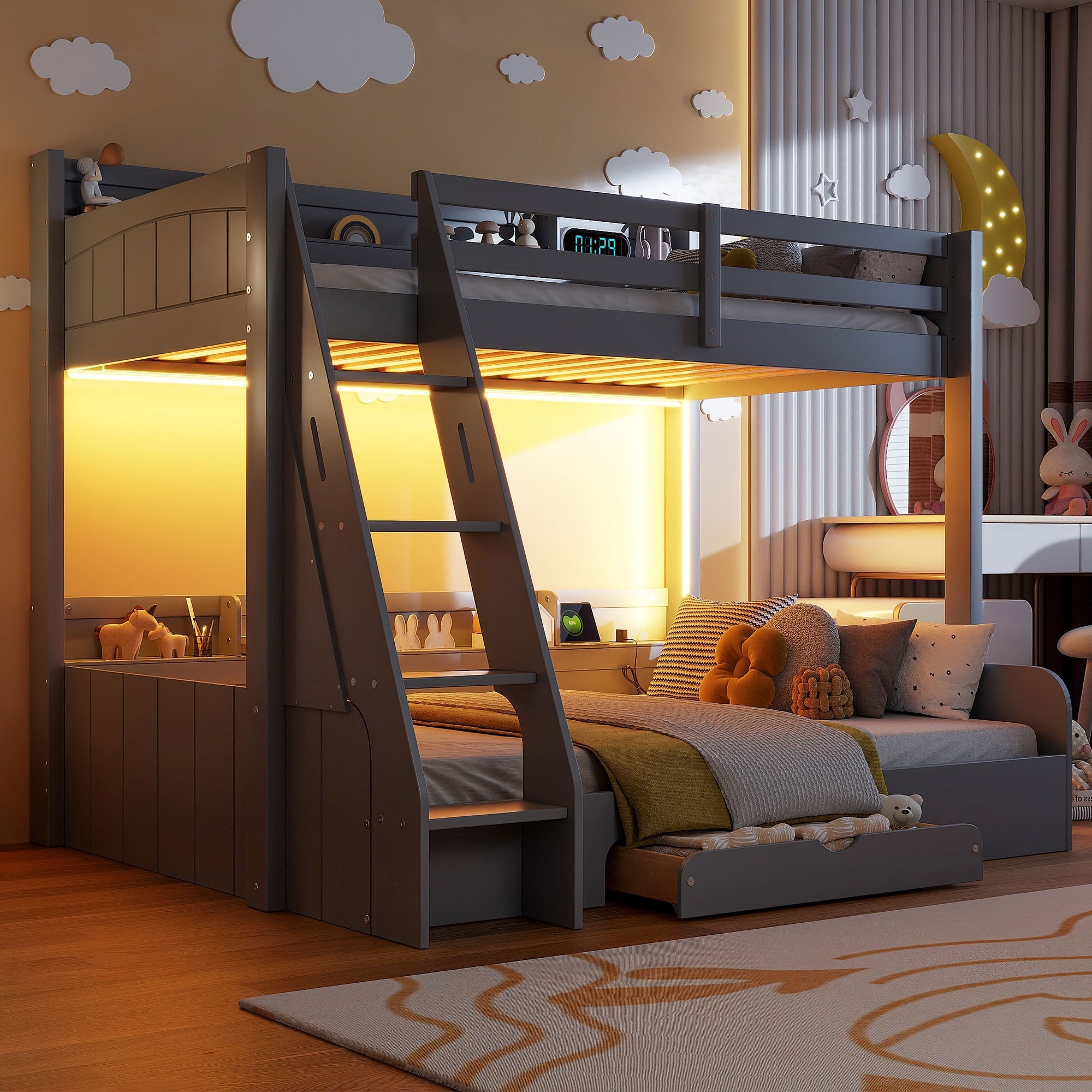 Gdfstudio Wood Twin Over Full Bunk Bed With Storage Drawer Led Charging Station