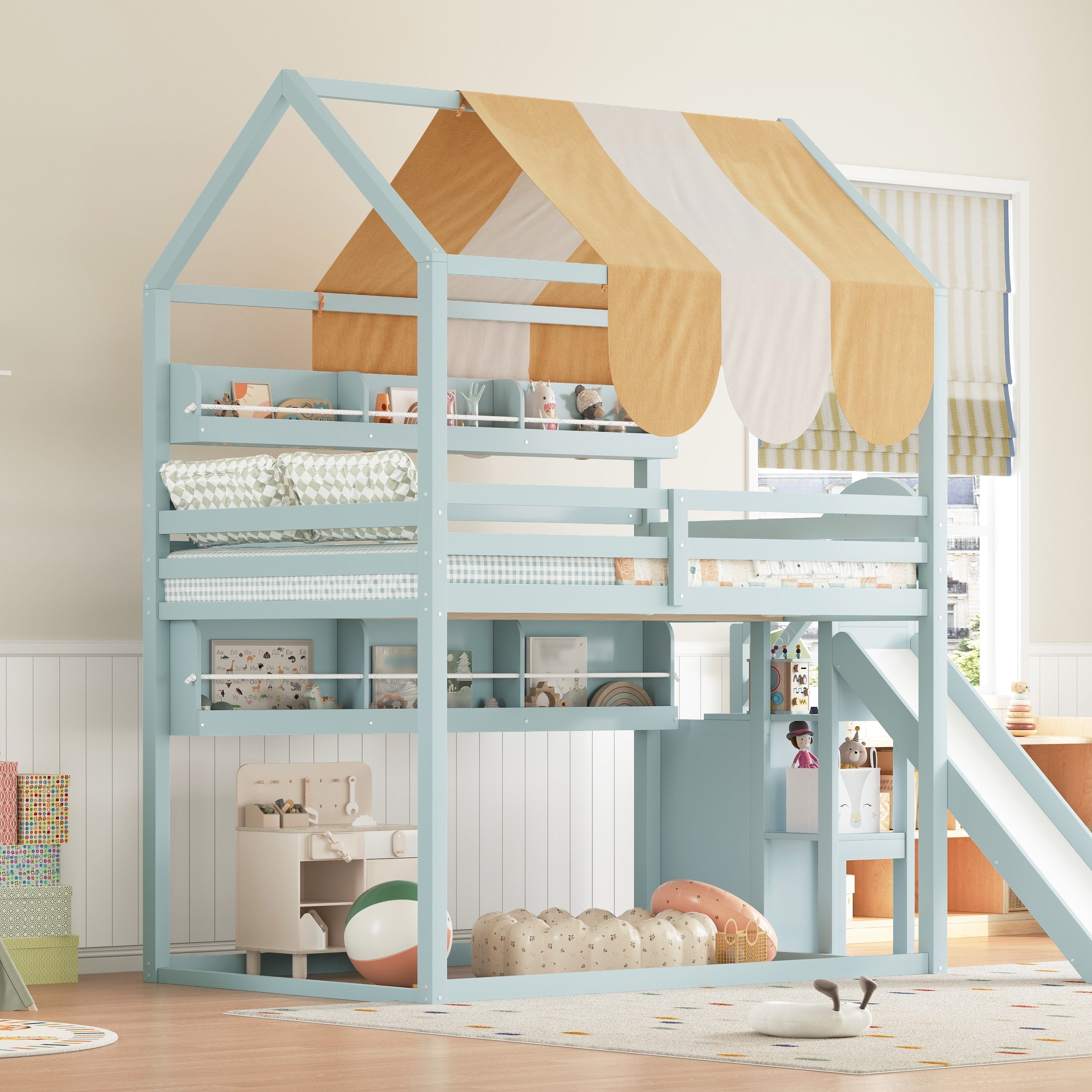 Gdfstudio Wooden Full Size House Bed With Canopy Slide And Bookshelves
