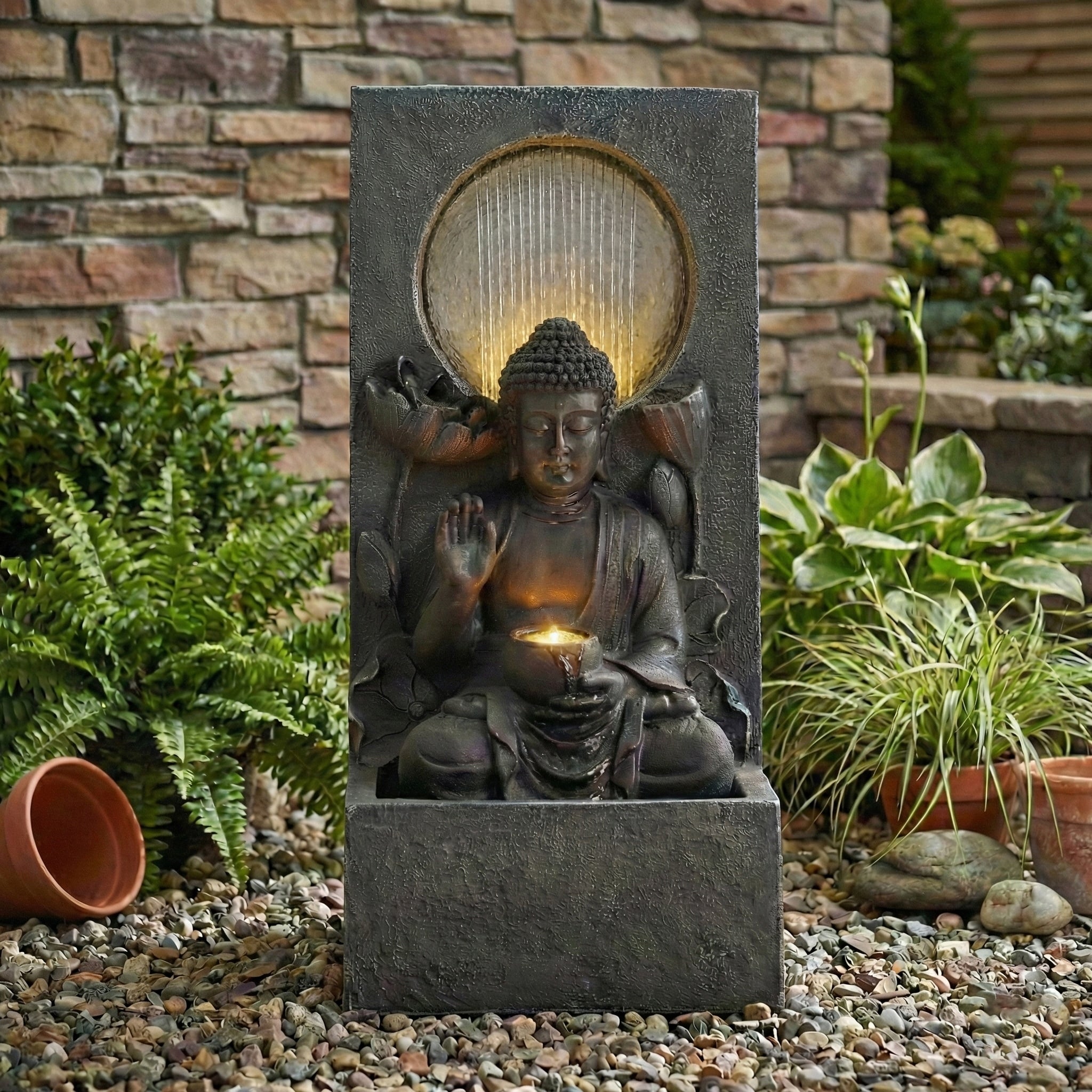 Gdfstudio Zen Fengshui 28 H Outdoor Freestanding Buddha Water Fountain With Calm Cascading Waterfall Led Lights