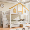 Gdfstudio Dreamcottage Modern Wooden House Roof Bunk Bed With Storage Drawers And Staircase
