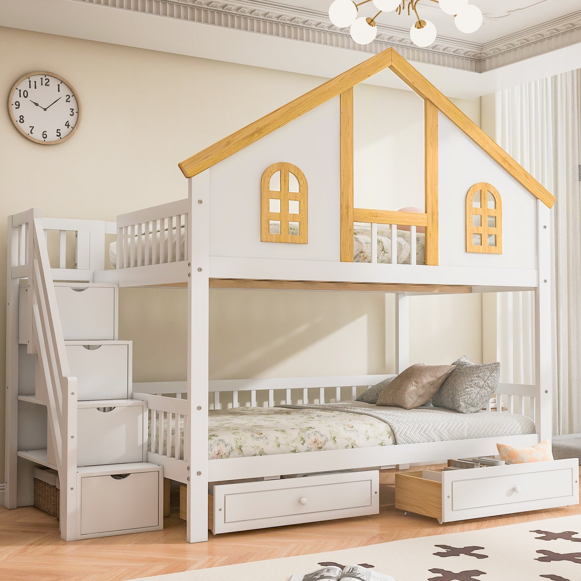 Gdfstudio Dreamcottage Modern Wooden House Roof Bunk Bed With Storage Drawers And Staircase