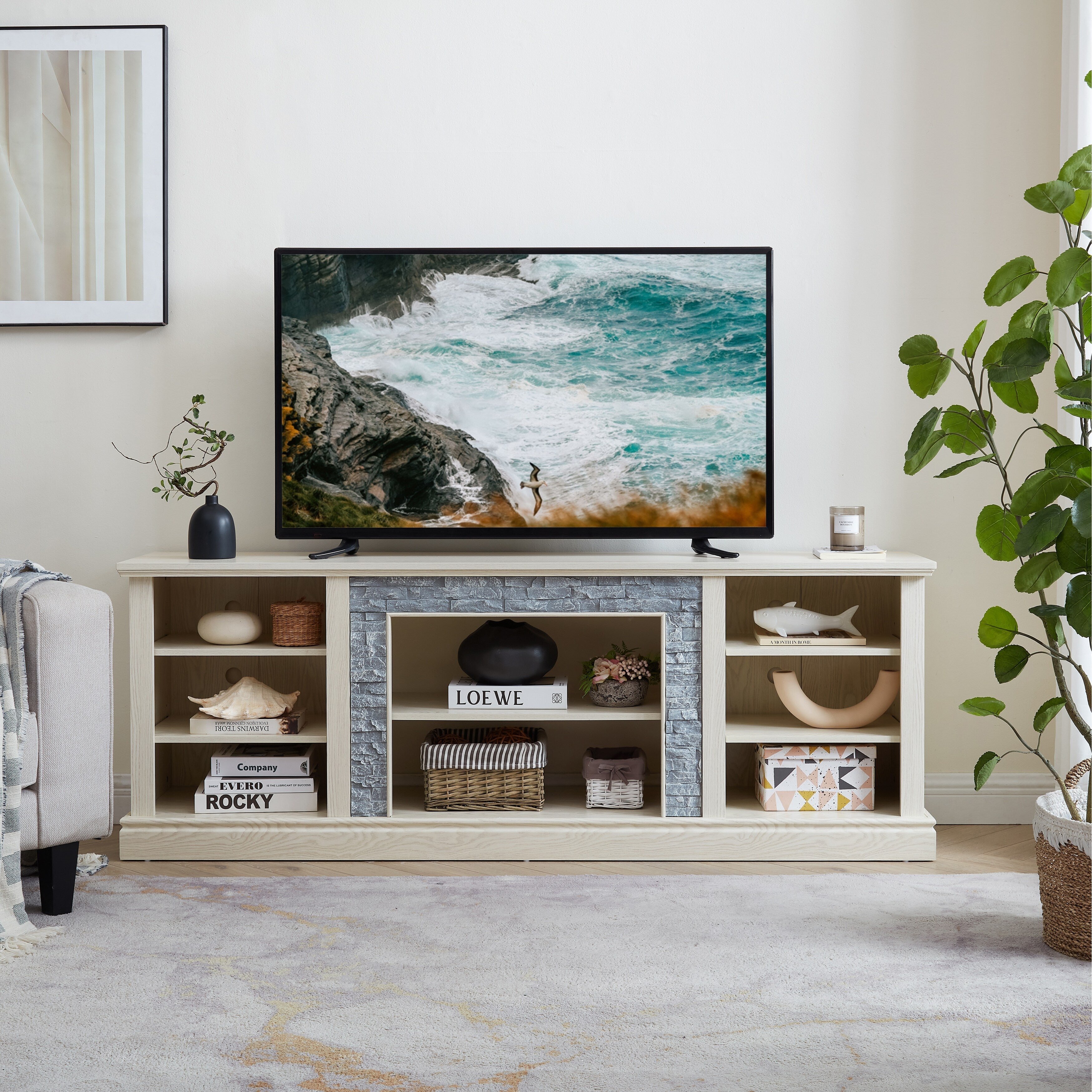 Gdfstudio Alaric 70 Wood Tv Stand With Ample Storage And Faux Stacked Stone Surround