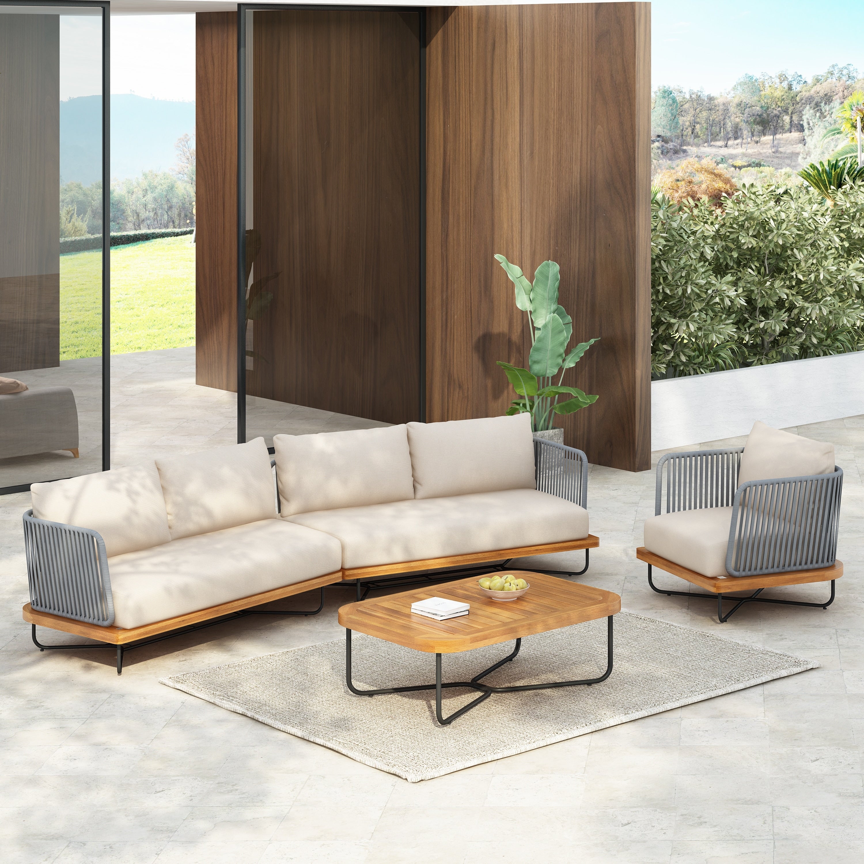 Gdfstudio Alaric Acacia Wood Rope Woven Outdoor Sofa Set With Club Chairs And Cushion