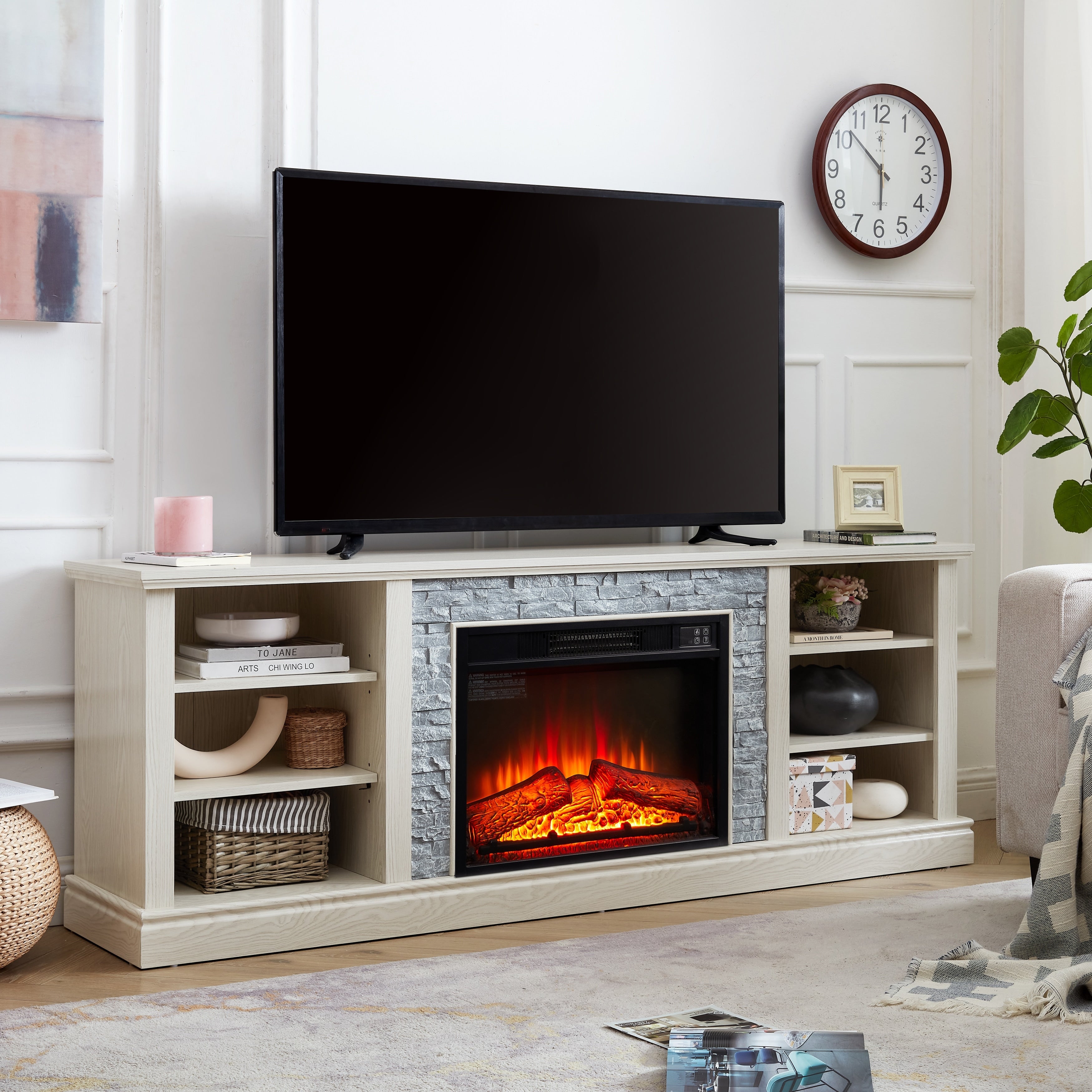 Gdfstudio Alaric Wood 70 Tv Stand With 23 Fireplace Insert And Storage