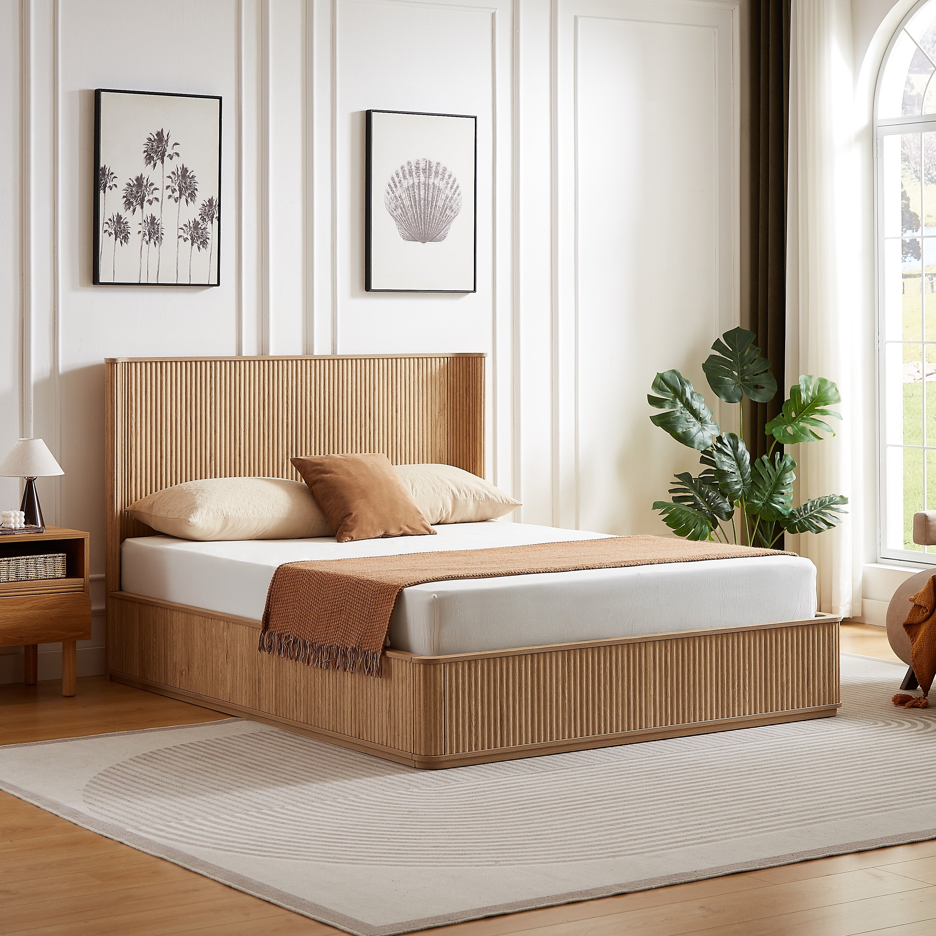 Gdfstudio Alden Queen Platform Bed With 44 Corrugated Wave Wood Headboard No Box Spring Needed
