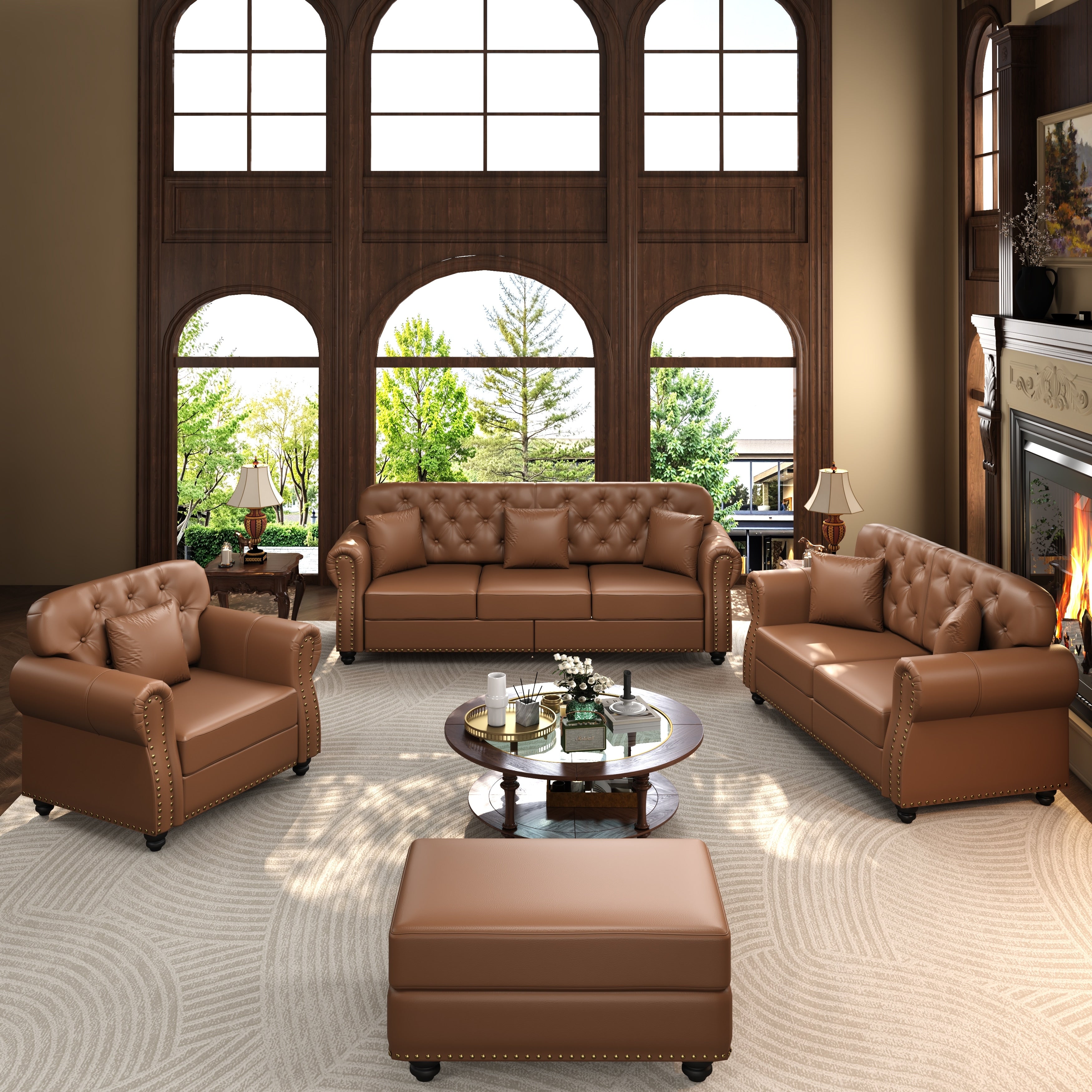 Gdfstudio Alden Voss Complete Chesterfield Faux Leather Sofa Set With 1 2 3 Seater And Ottoman