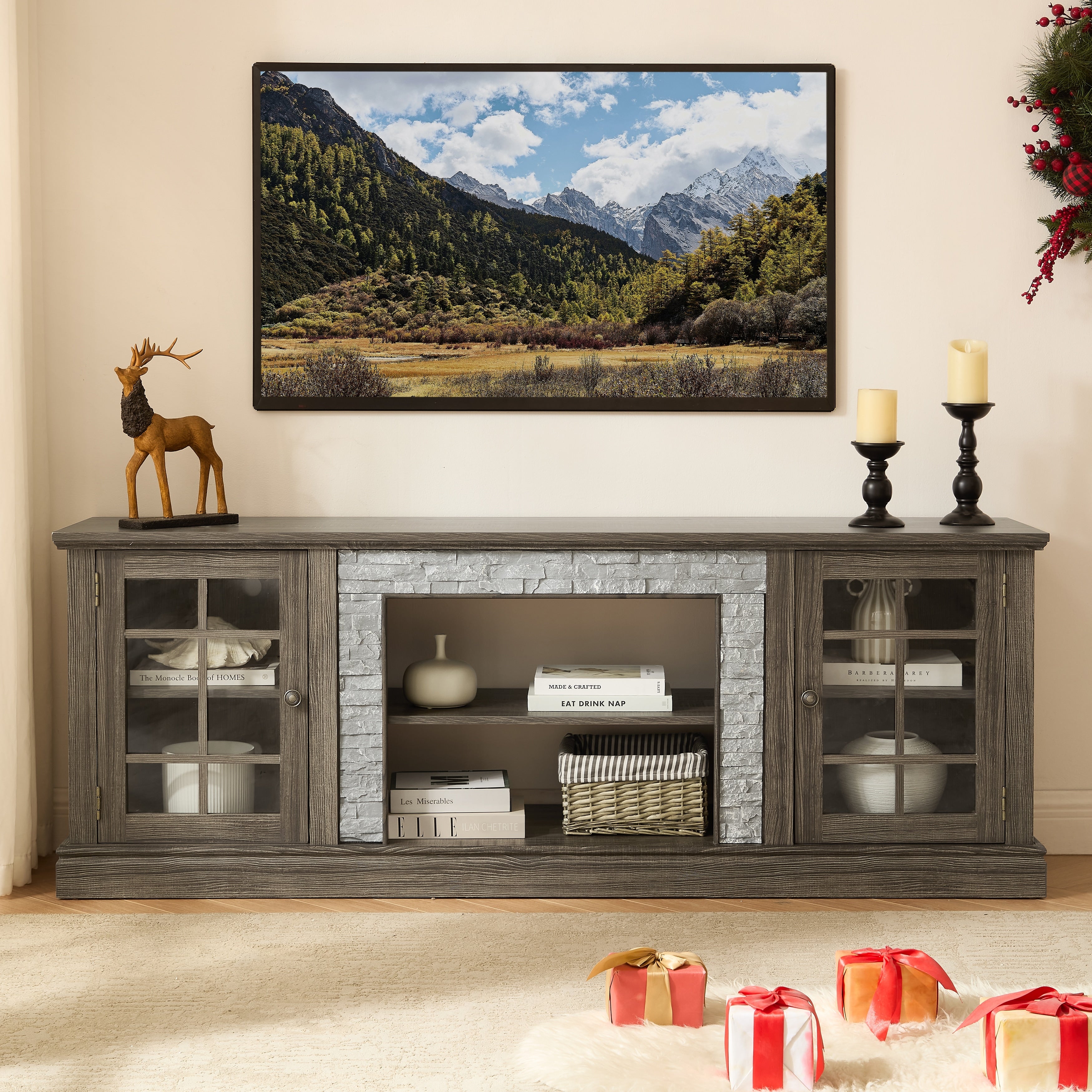 Gdfstudio Alice Wood 70 Tv Stand With Faux Stone Surround And 2 Door Storage