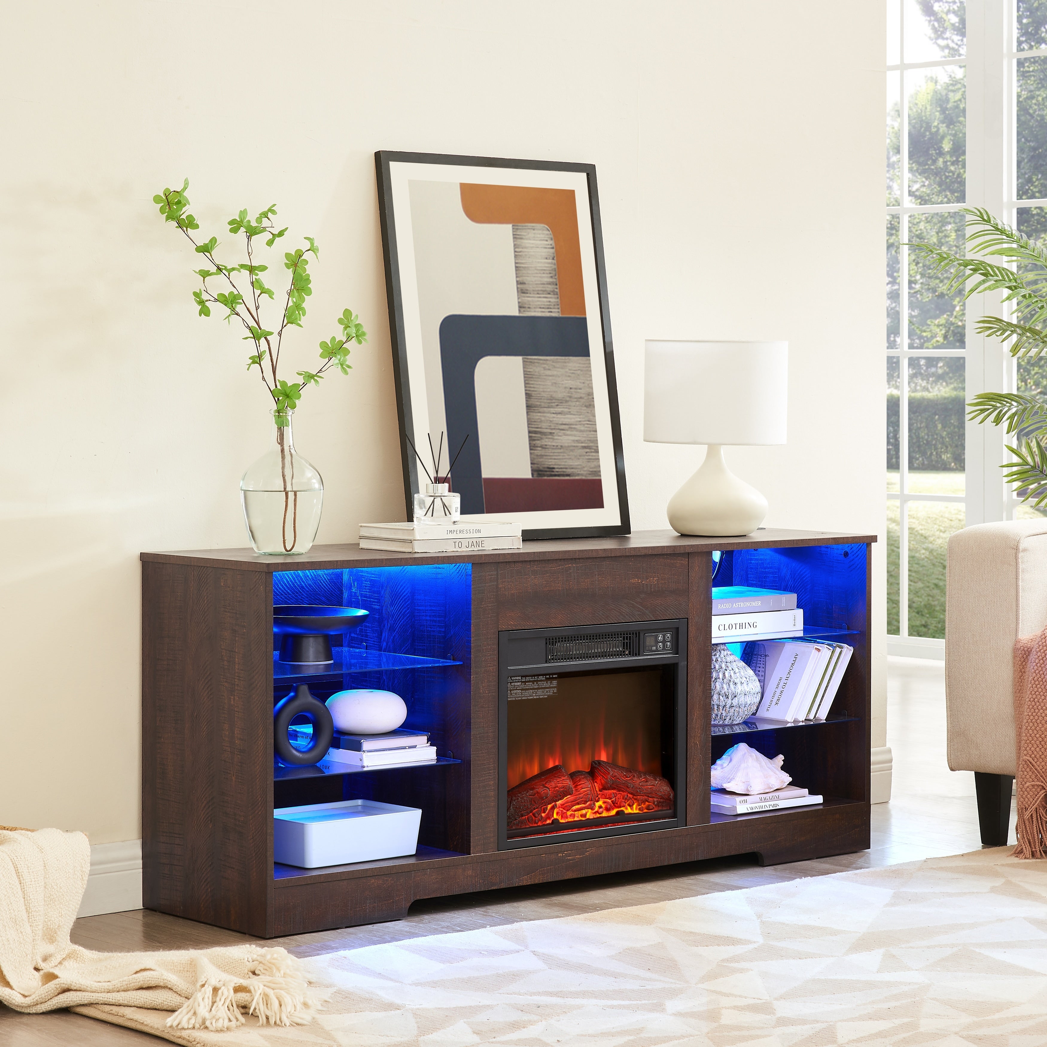 Gdfstudio Alveron Wood Tv Stand With 3D Electric Fireplace And Led Lights