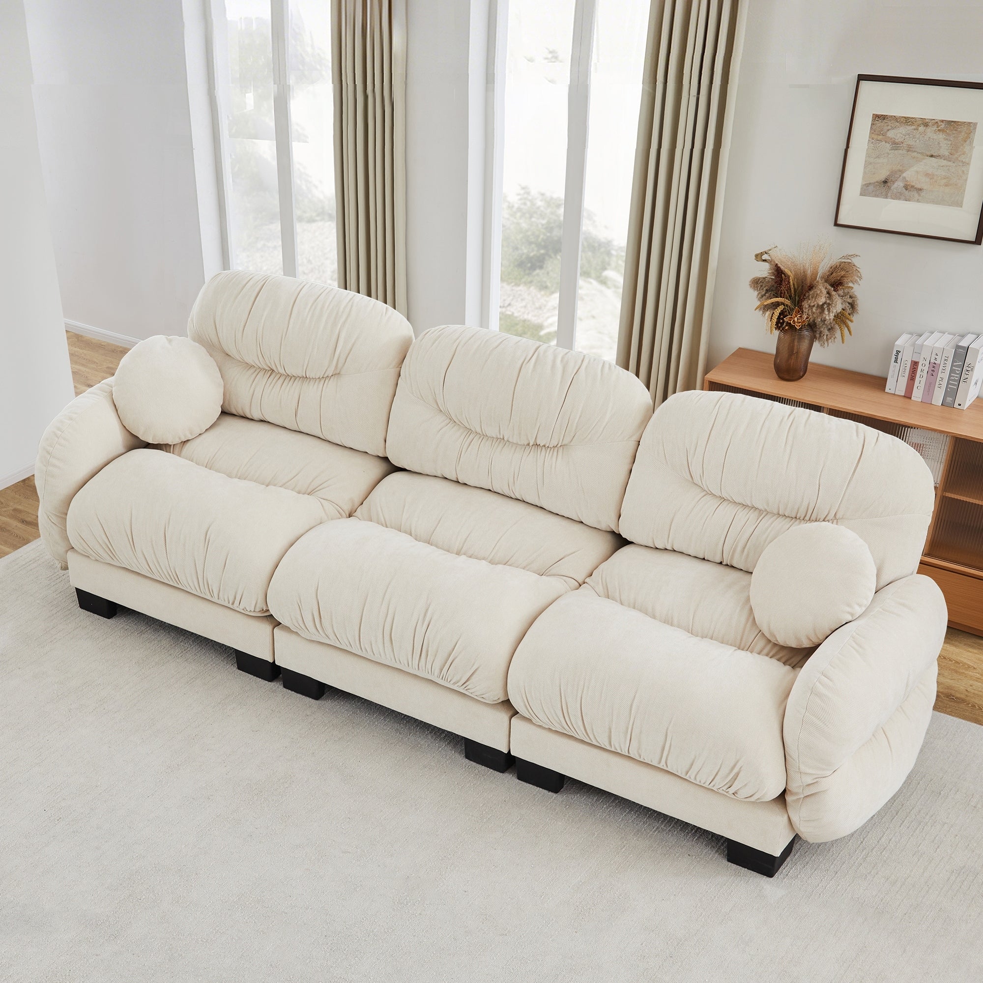 Gdfstudio Arden 3 Seater Chenille Modular Sofa With Pleated Backrest And Curved Round Armrests