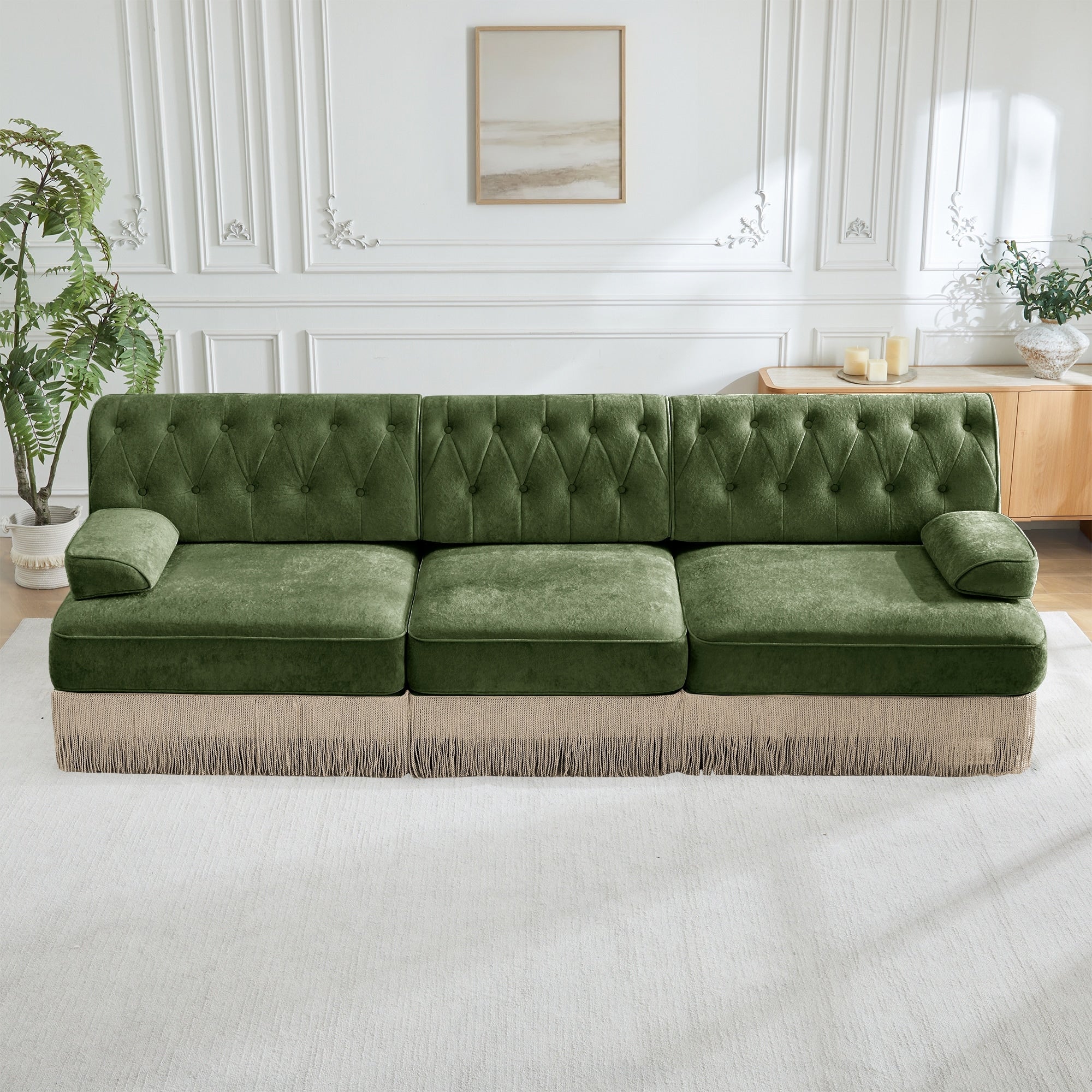 Gdfstudio Arlo 3 Seater Pet Friendly Velvet Chesterfield Sofa With Tassel Fringe Skirt And Button Tufting