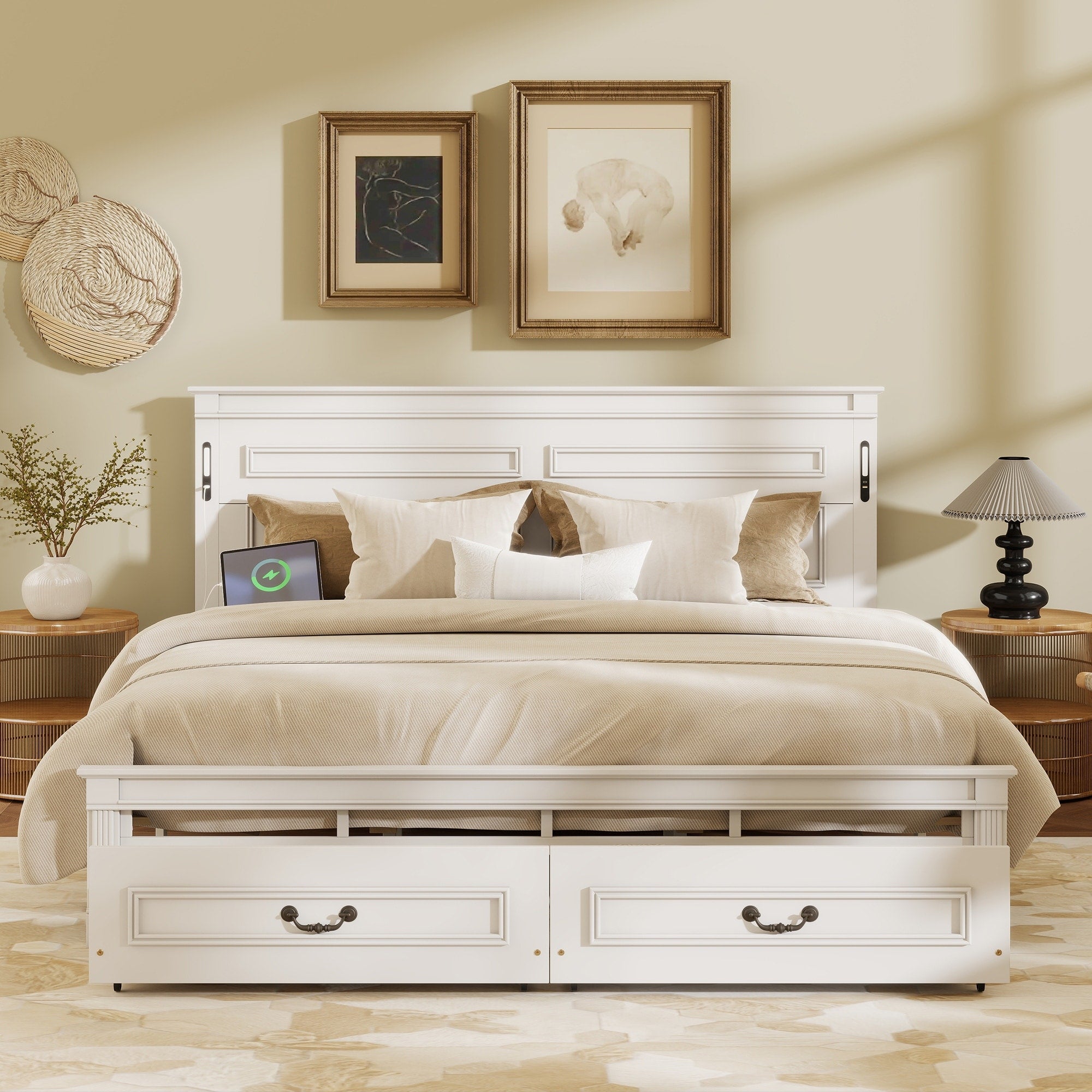 Gdfstudio Asher Vaughn Farmhouse Bed With Two Drawers Led Lighting And Usb Charging Station