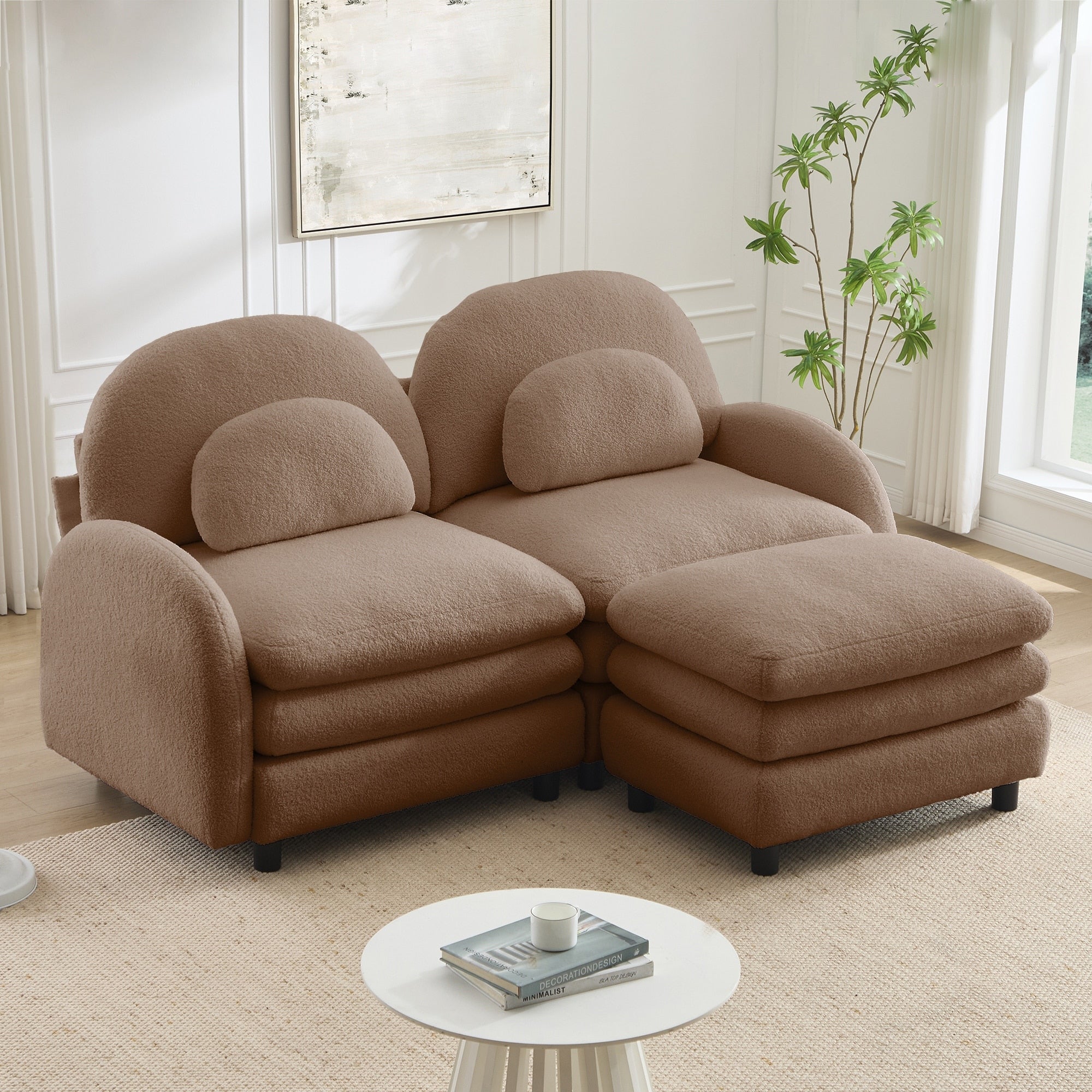 Gdfstudio Avery Teddy Fabric 2 Seat Sectional Sofa With Movable Ottoman And Double Layer Cushions