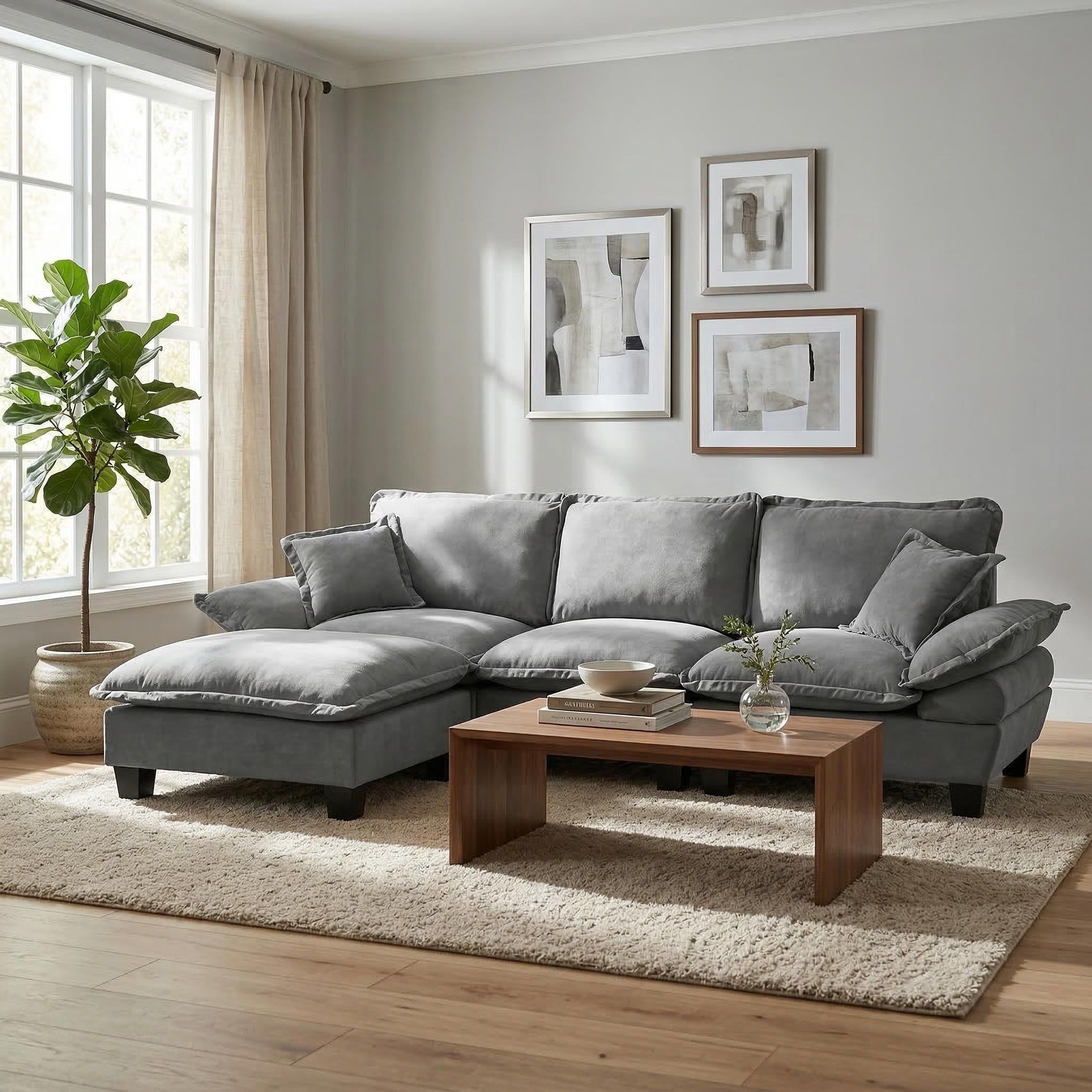 Gdfstudio Blair 103 L Shape Sailboat Sofa With 1 Ottoman 2 Pillows Chenille Usb Cup Holders