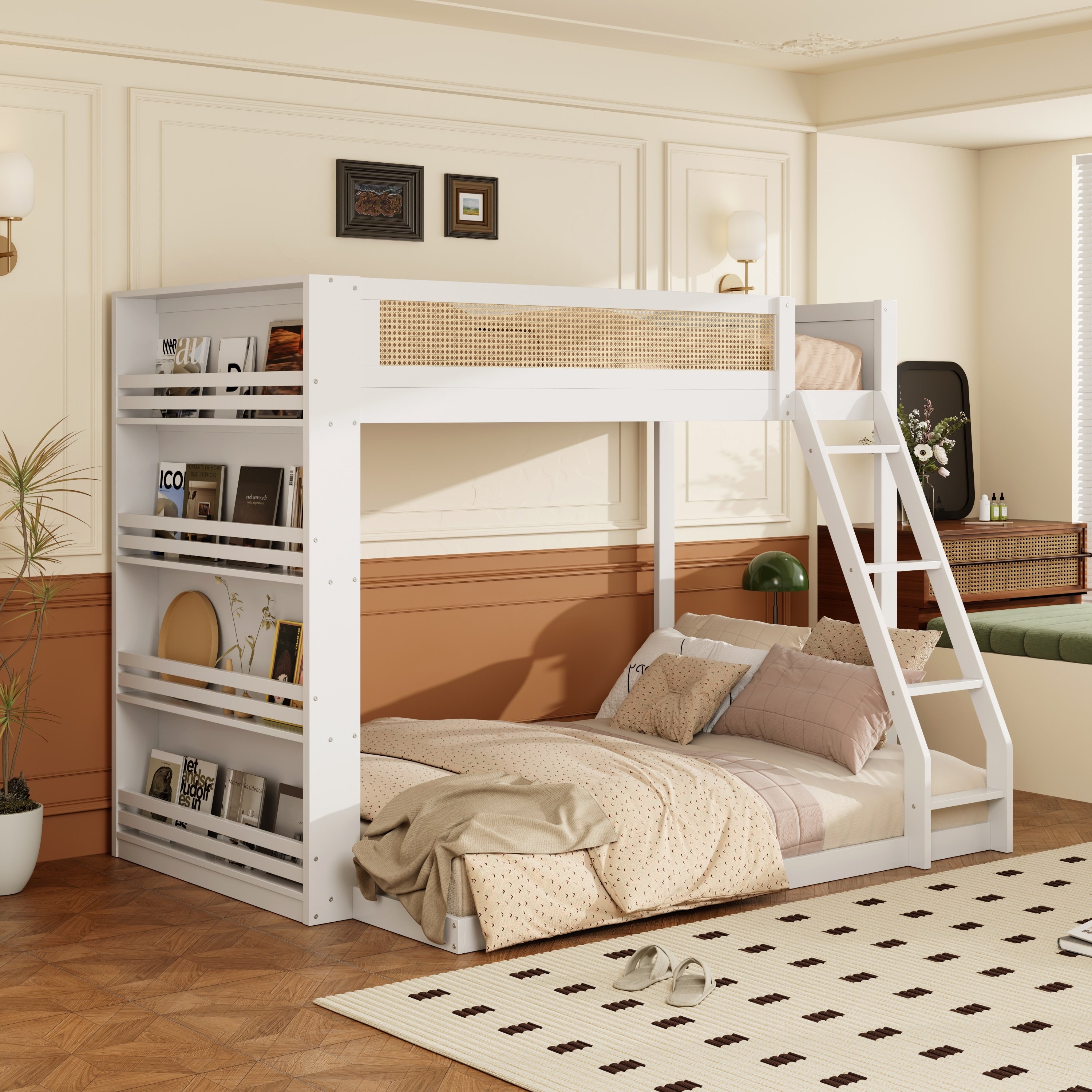 Gdfstudio Briar Locke Twin Over Full Bunk Bed With Led Light Strip And 4 Tier Bookshelf Solid Wood