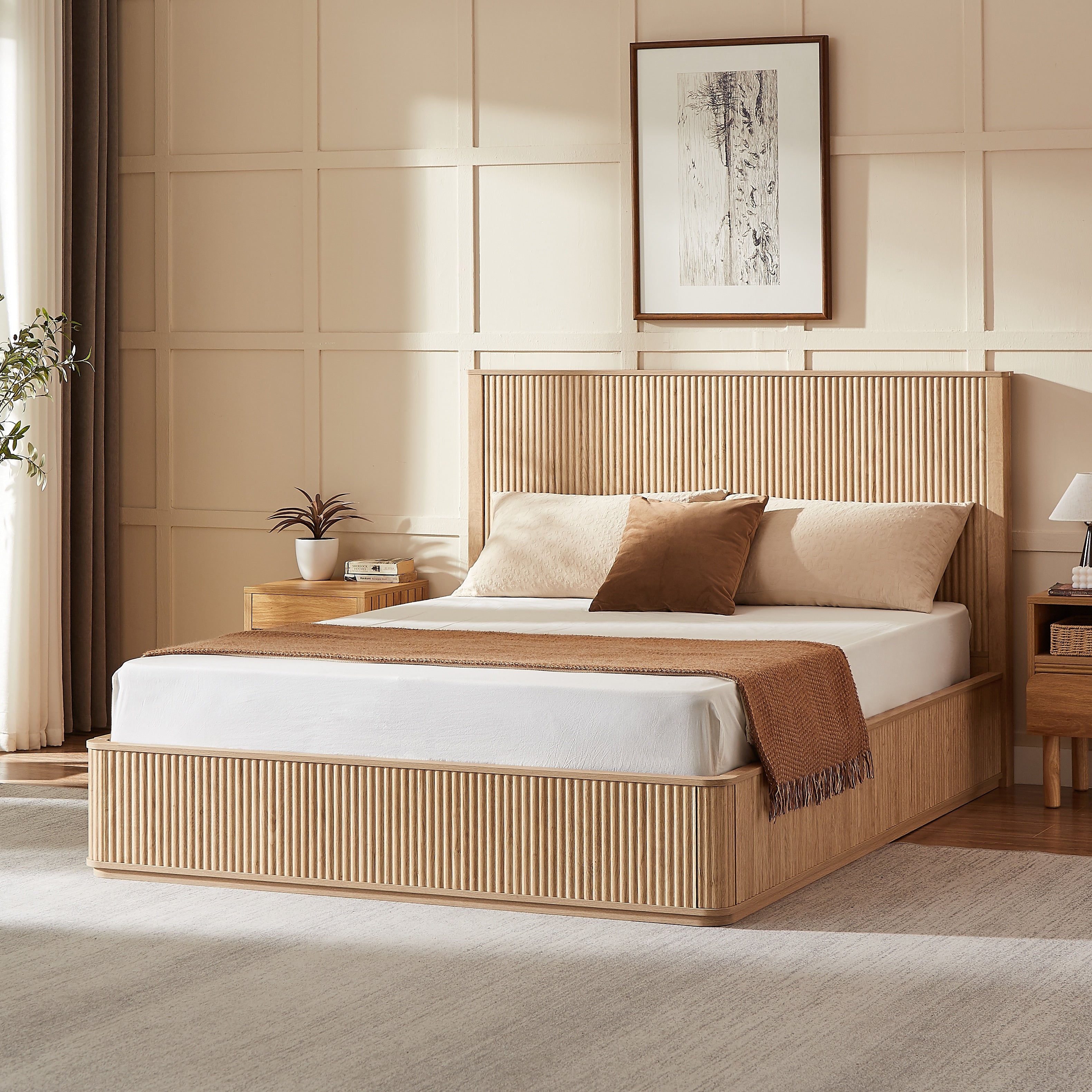 Gdfstudio Briar Queen Platform Bed With 44 Natural Wavy Wood Grain Headboard No Box Spring