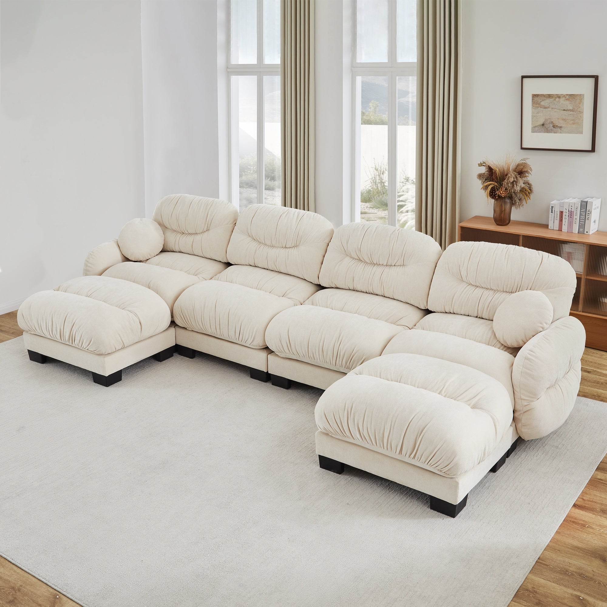 Gdfstudio Brooks U Shaped 4 Seater Chenille Modular Sofa With 2 Ottomans And Pleated Backrest