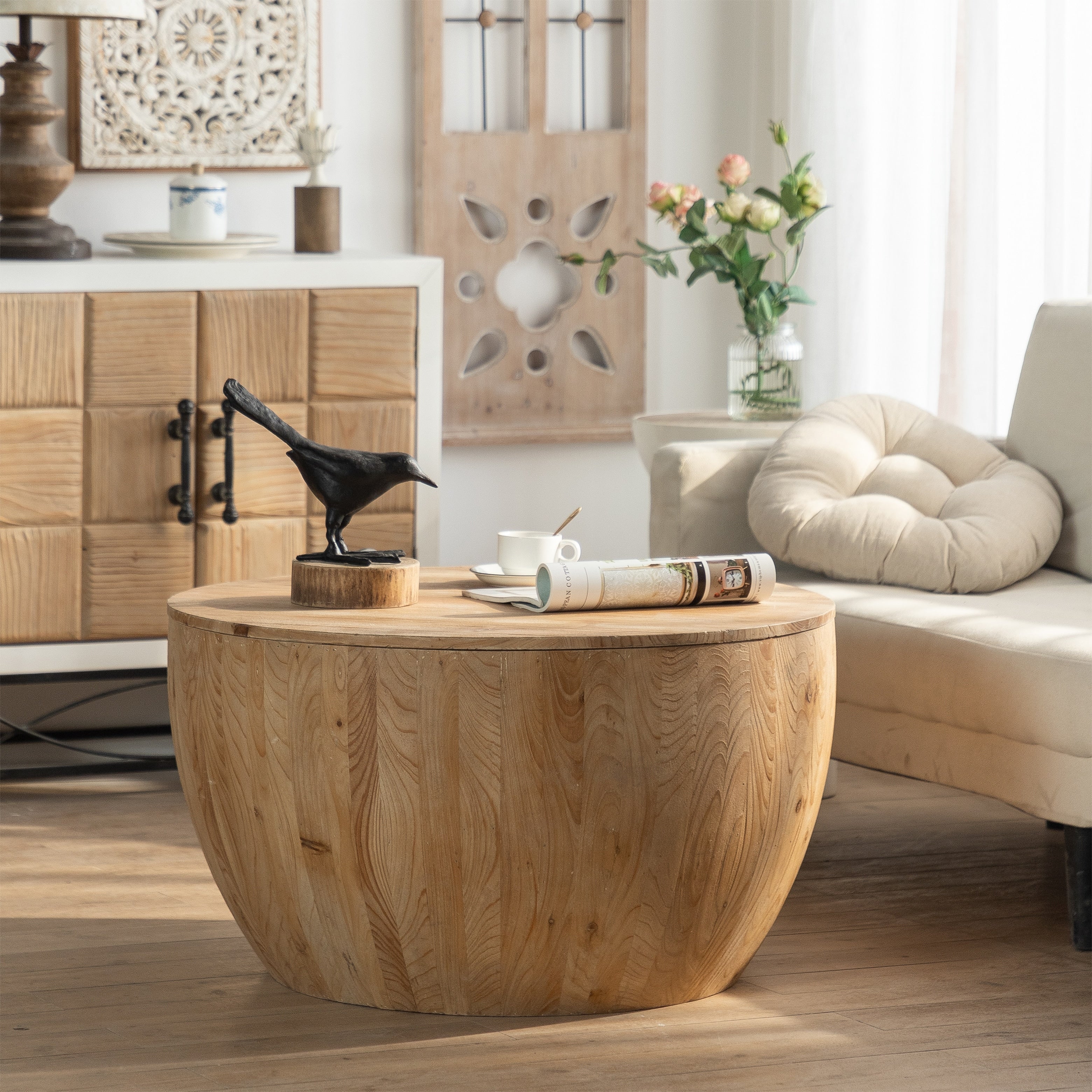 Gdfstudio Cael Barrel Wood Coffee Table With Hollow Storage