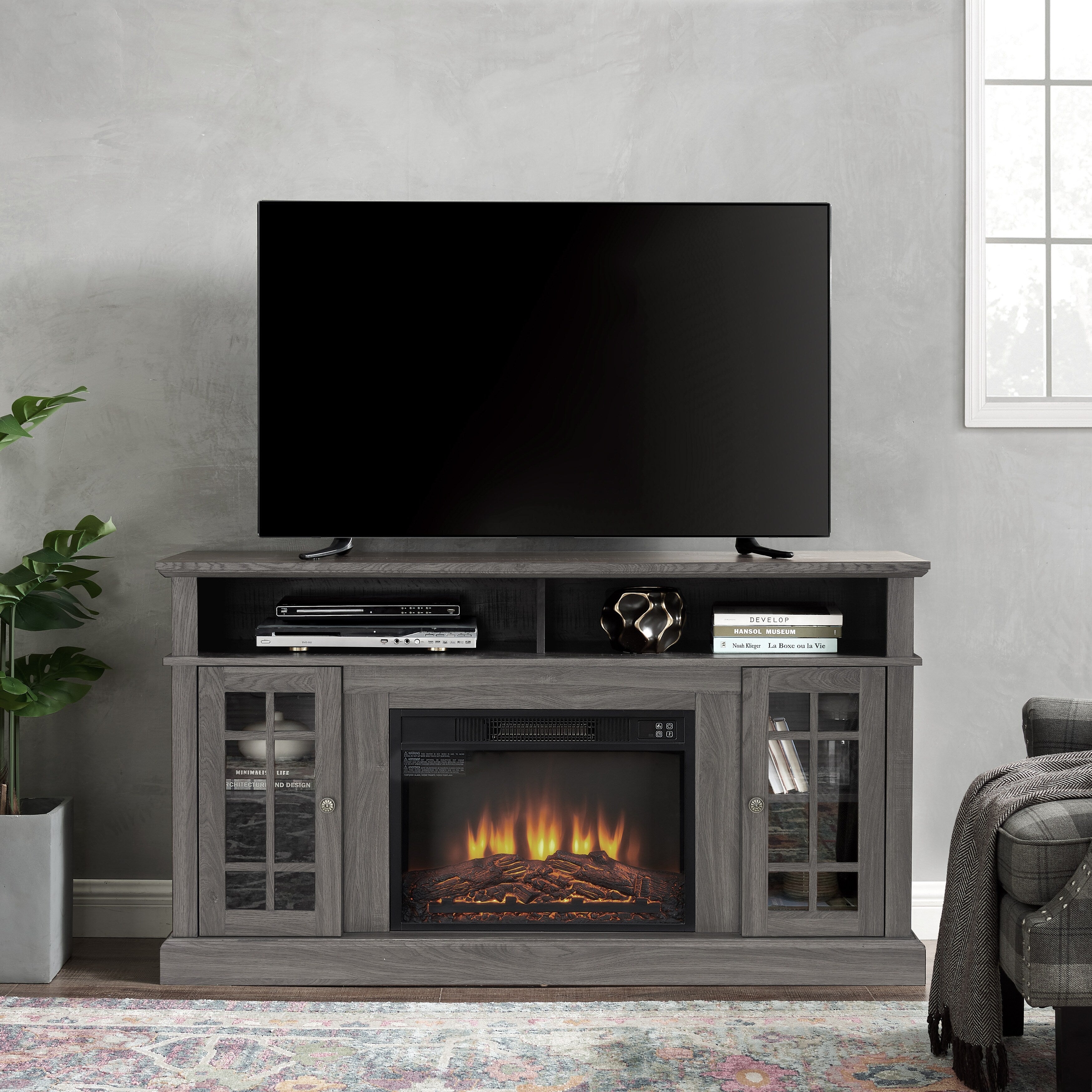 Gdfstudio Caelum 58 Wood Tv Stand With Classic Storage And 23 Fireplace Insert