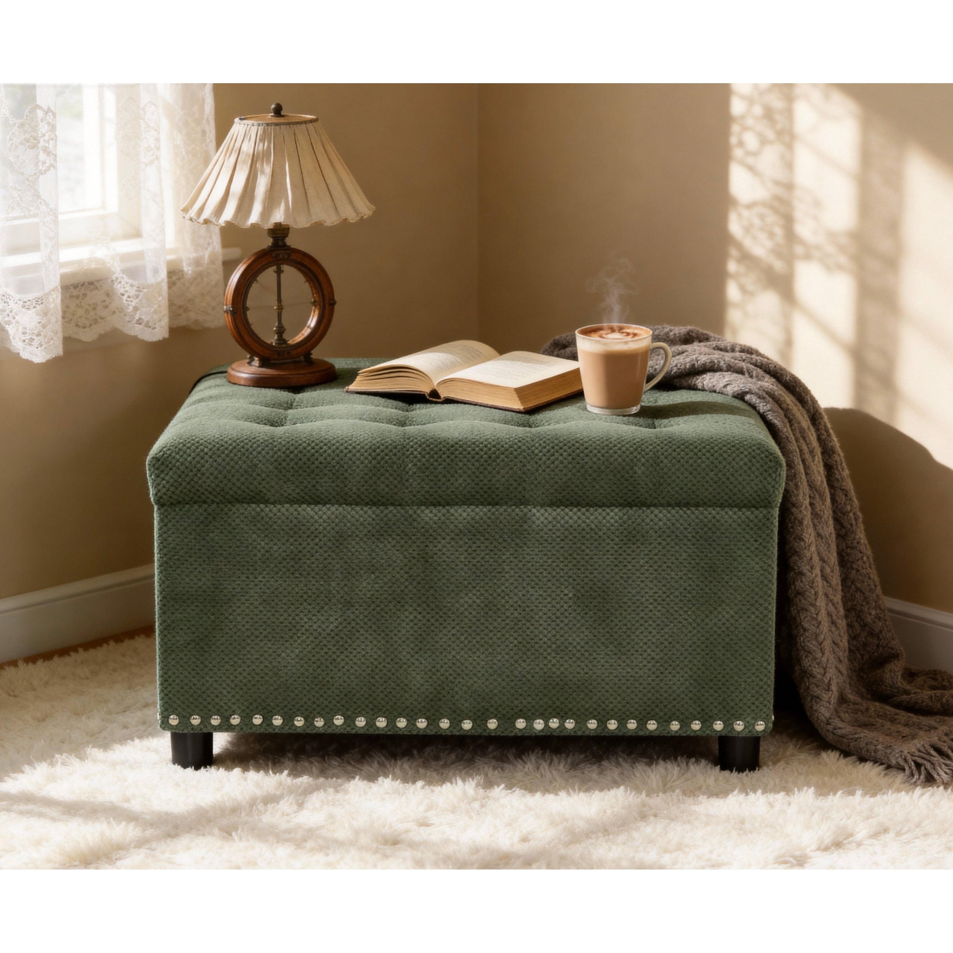Gdfstudio Calloway Nash Wood Frame Storage Ottoman With Tufted Top And Nailhead Trim