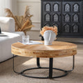 Gdfstudio Calvion Round Pine Wood Coffee Table With Steel Frame And Carving Pattern