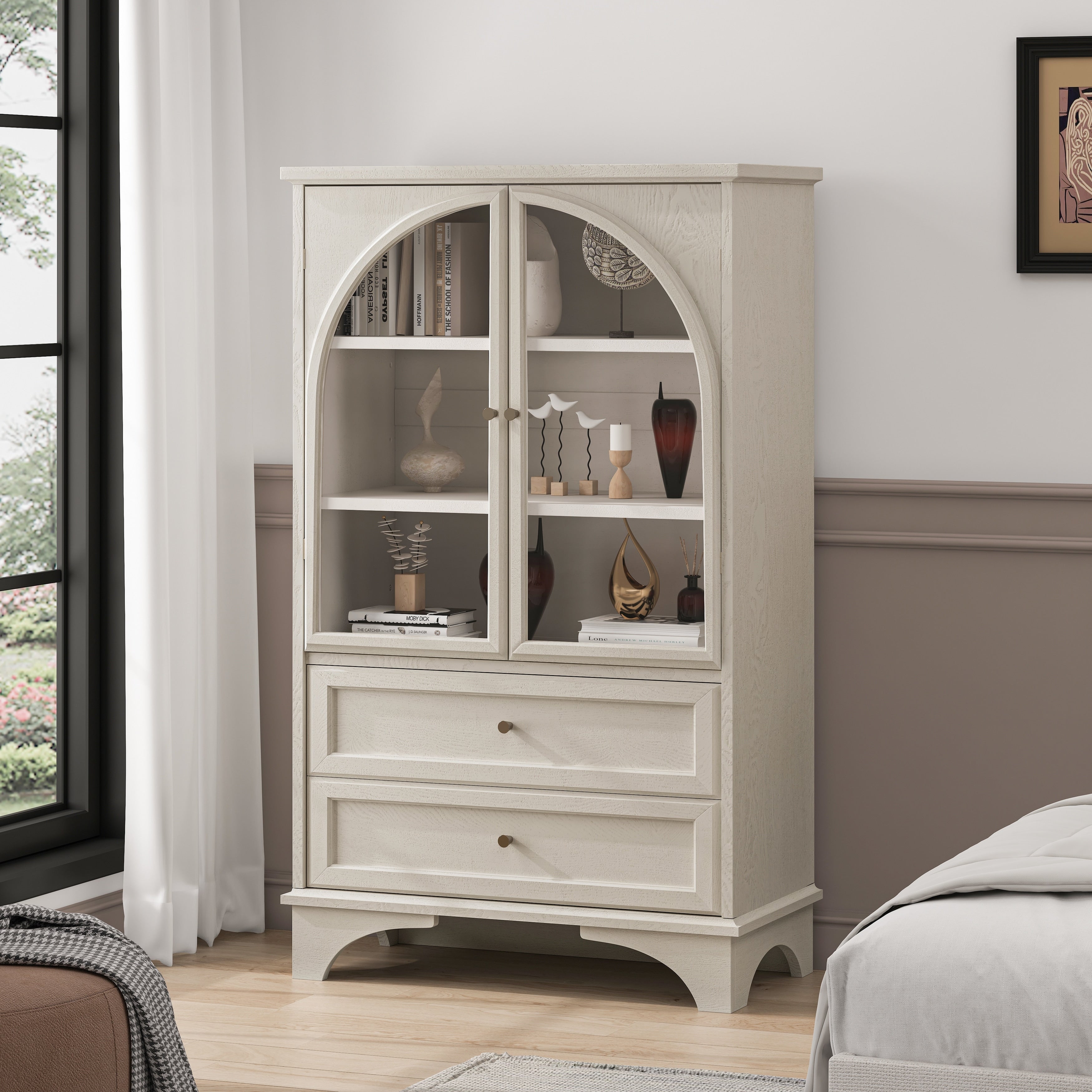 Gdfstudio Calystrian Glass Door Curio Storage Cabinet With Adjustable Shelves
