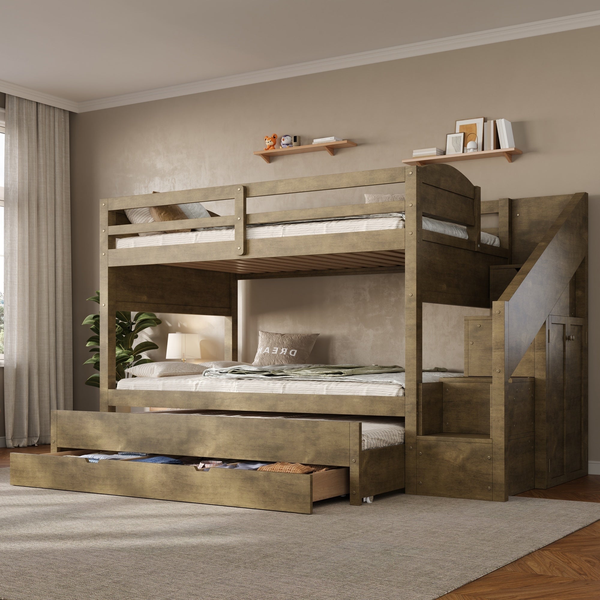 Gdfstudio Caspian Finch Twin Xl Bunk Bed With Storage Staircase Trundle And Wardrobe