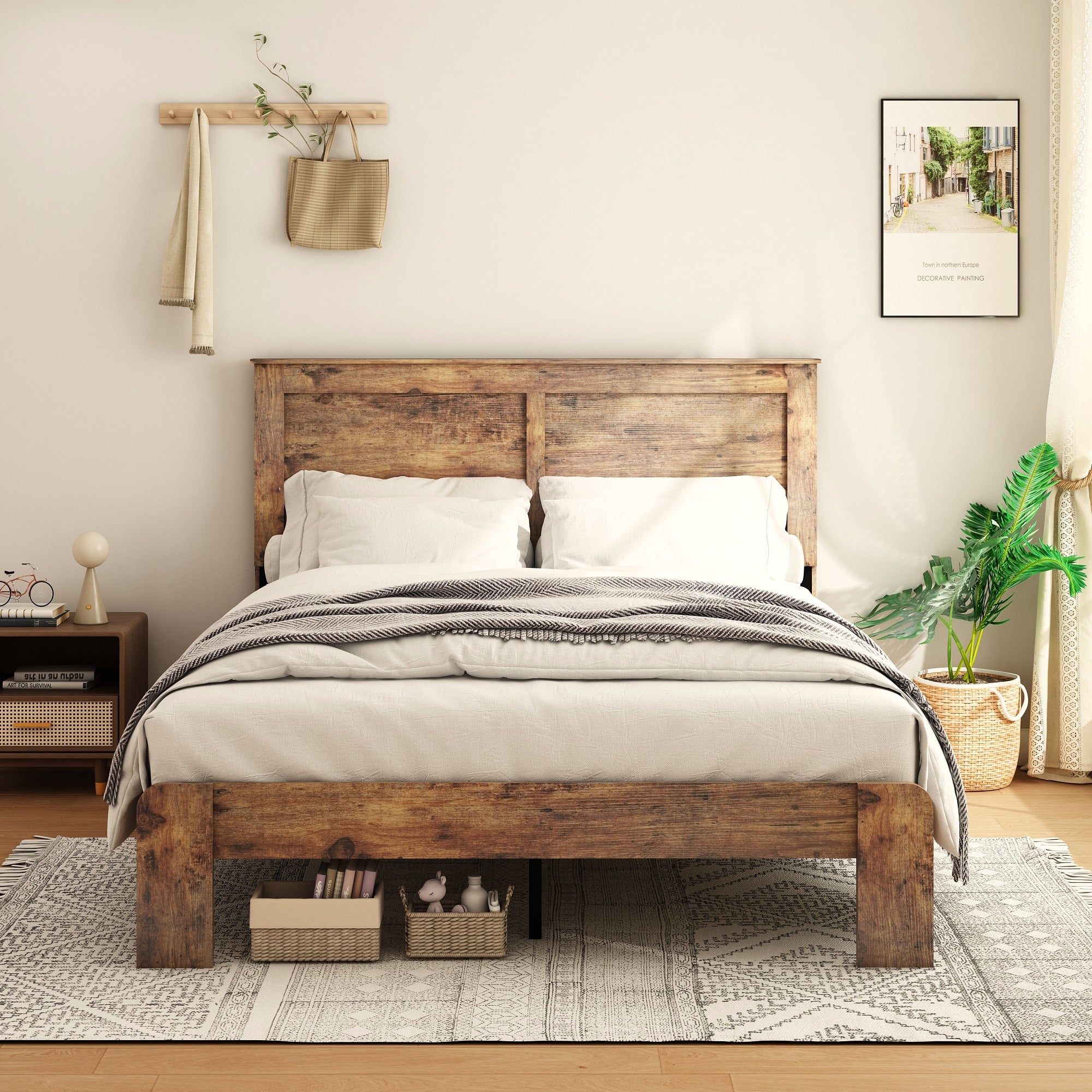 Gdfstudio Caspian Wood Platform Bed Frame Industrial Style Bed Easy Assembly