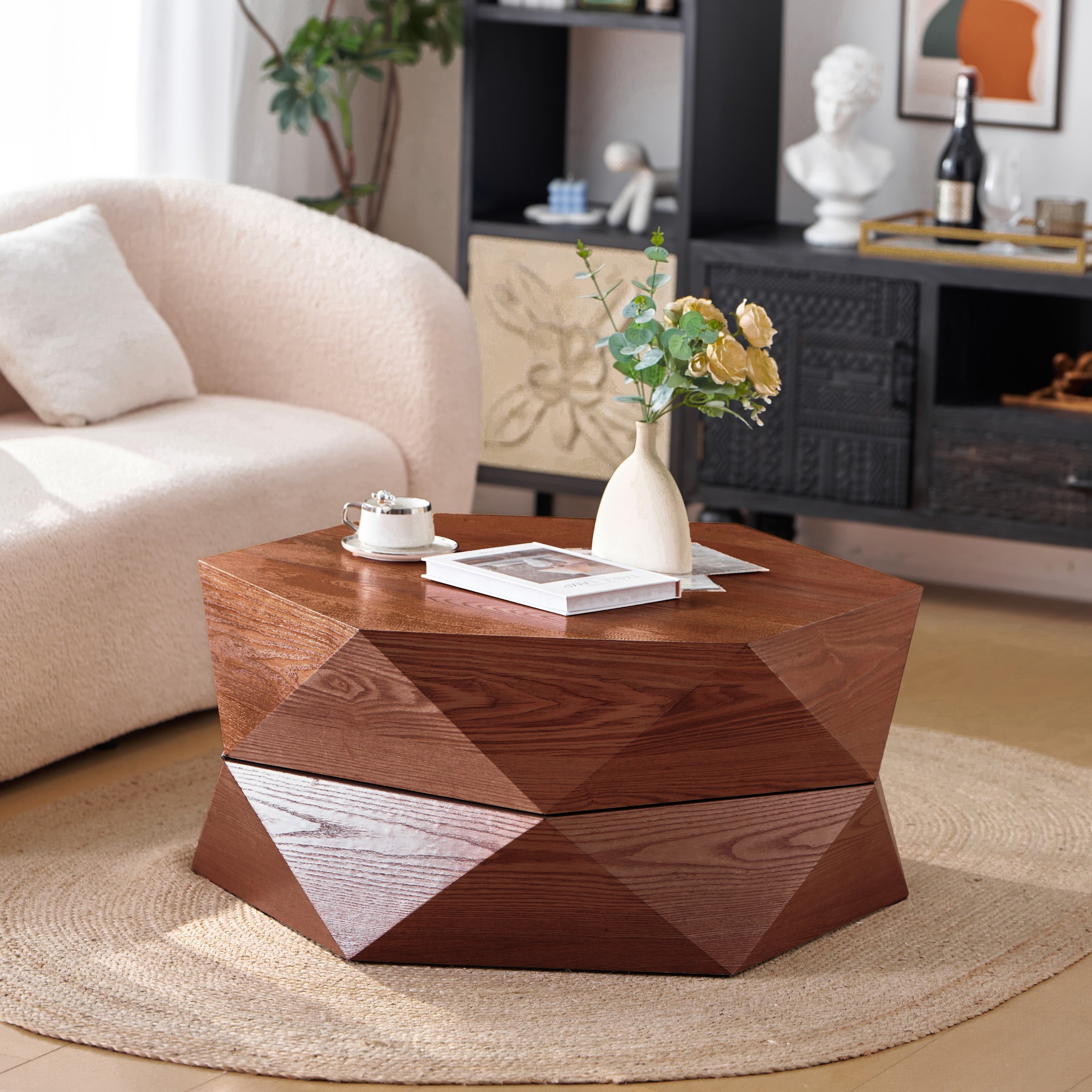 Gdfstudio Corvyn Polygon Flip Top Coffee Table With Hidden Storage And Solid Wood Veneer