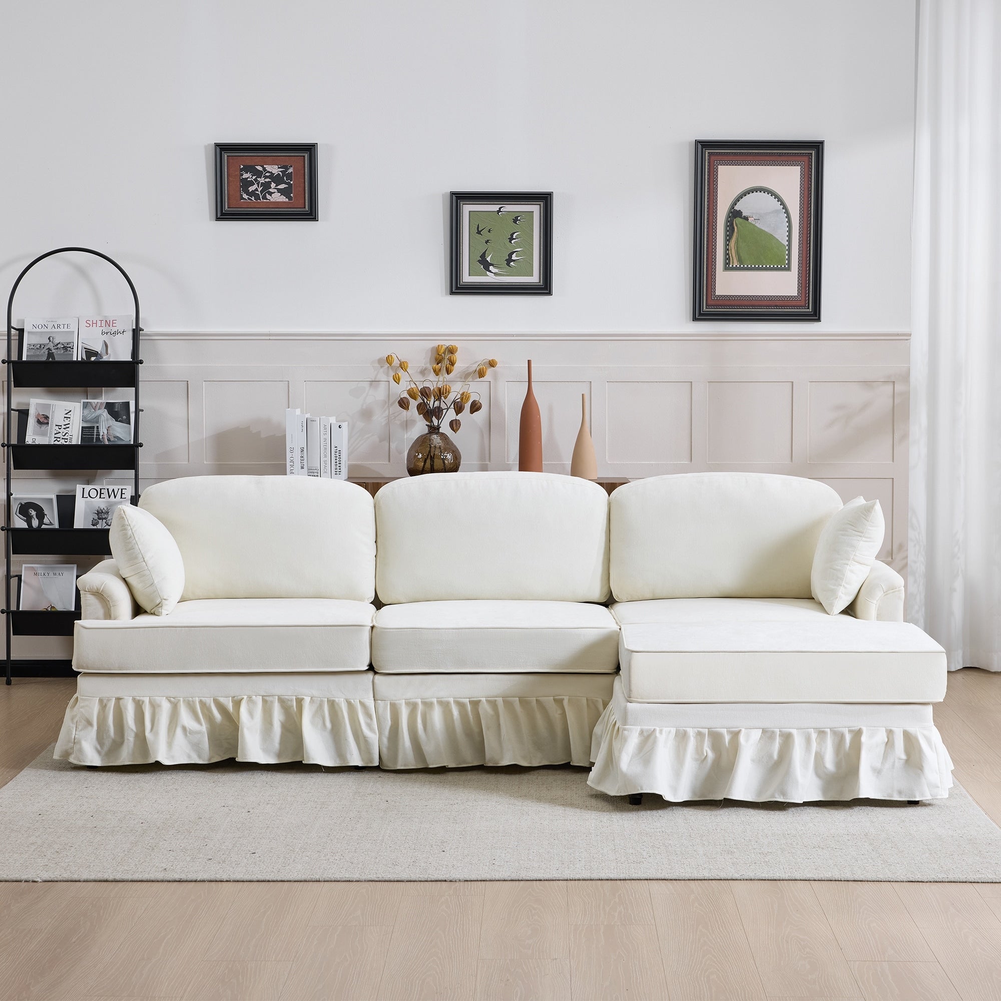 Gdfstudio Dashiell Farrow 103 L Shaped Chenille Sectional Sofa With Removable Ruffled Skirt Ottoman Flared Arms