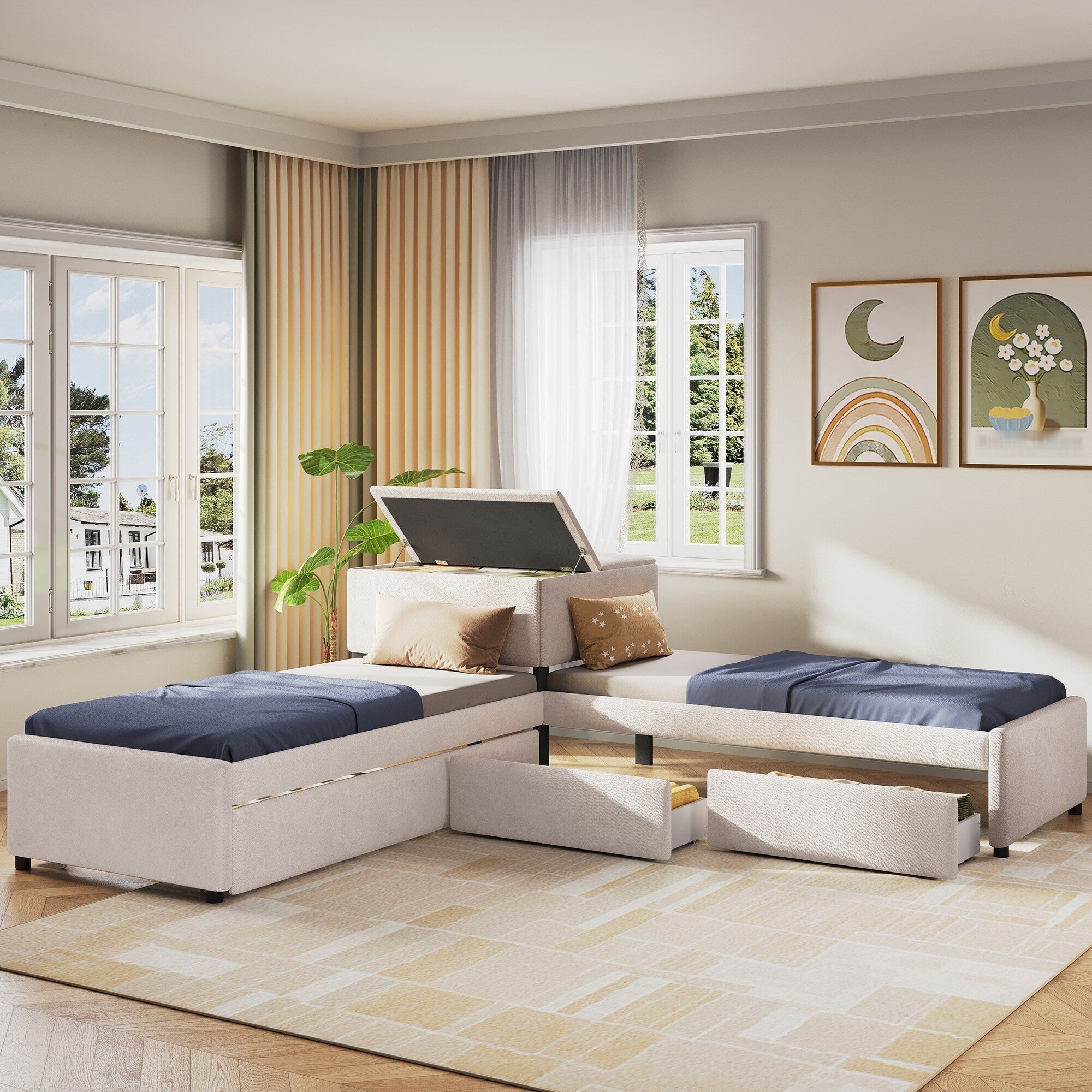 Gdfstudio Dashiell Farrow L Shaped Platform Bed With Trundle Desk And Drawers