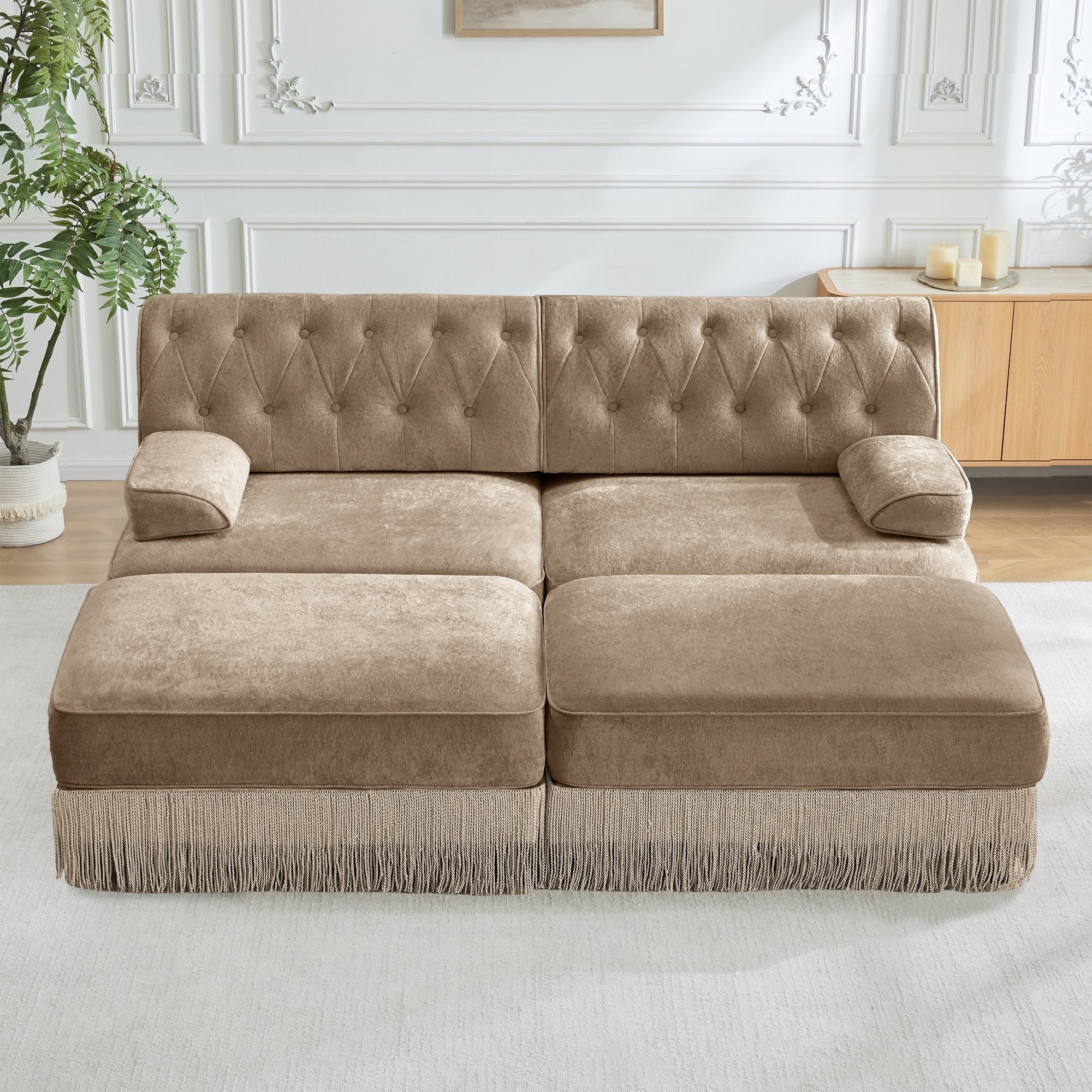 Gdfstudio Elara Breathable Velvet Chesterfield Style Modular Sofa With 2 Ottomans And Tassel Skirt