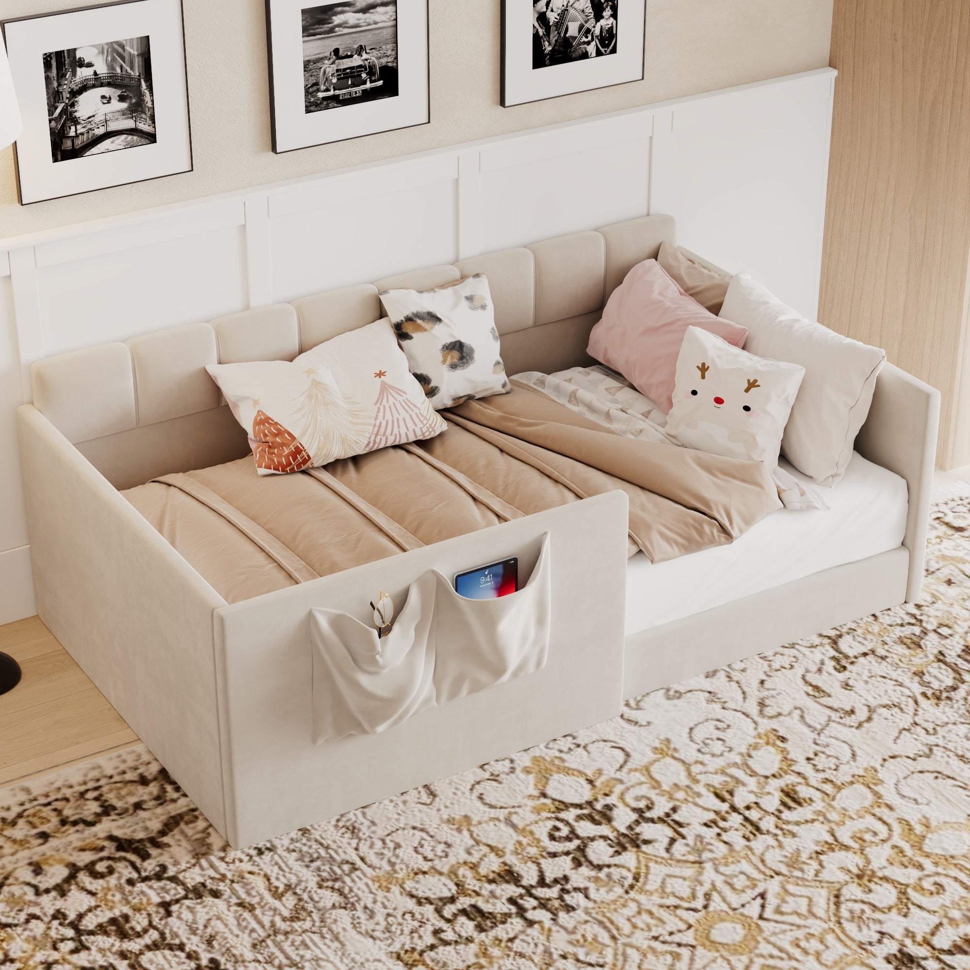 Gdfstudio Elara Velvet Daybed With Walk In Entrance Side Storage Pockets High Side Panels