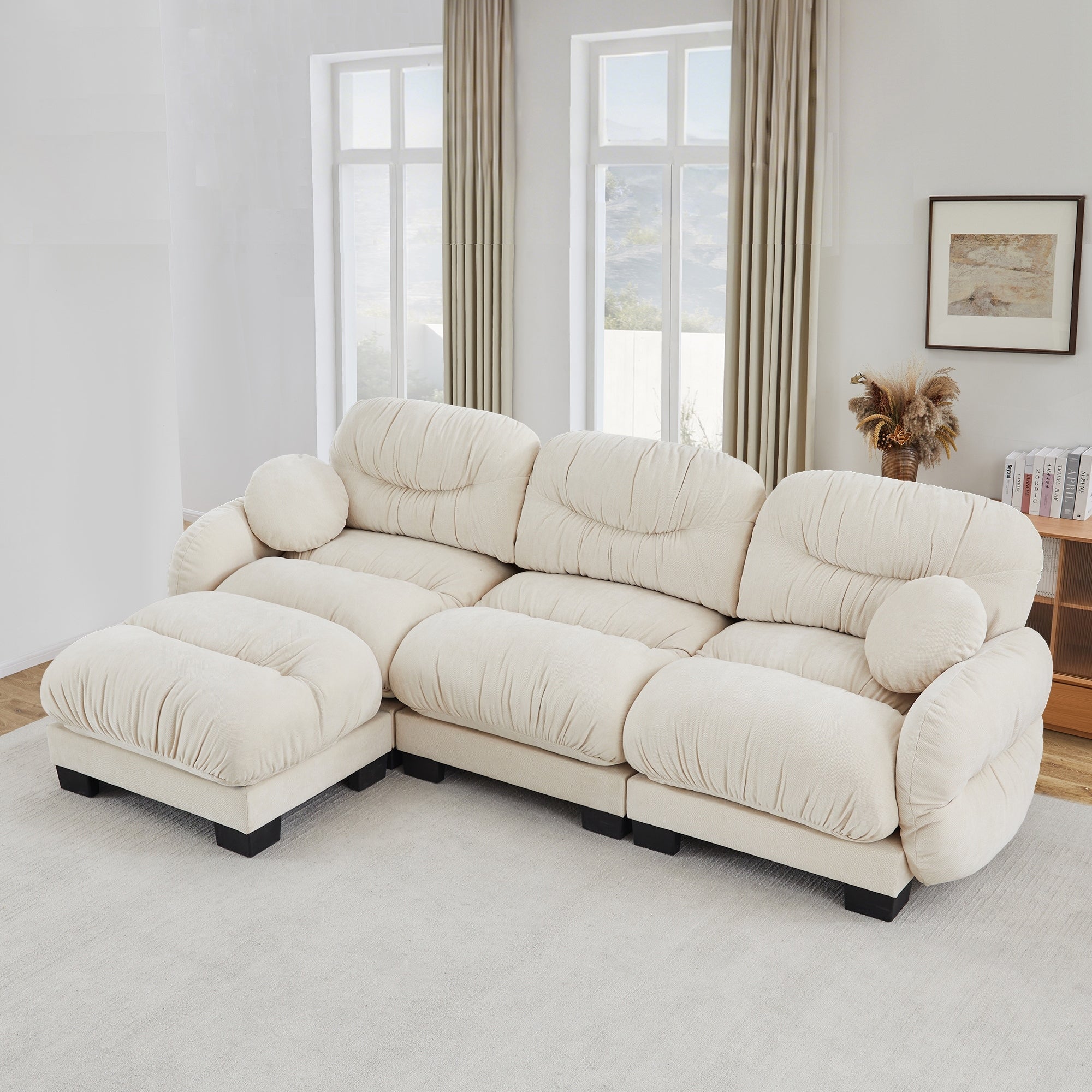 Gdfstudio Ellis L Shaped 3 Seater Chenille Modular Sofa With Ottoman And Pleated Backrest