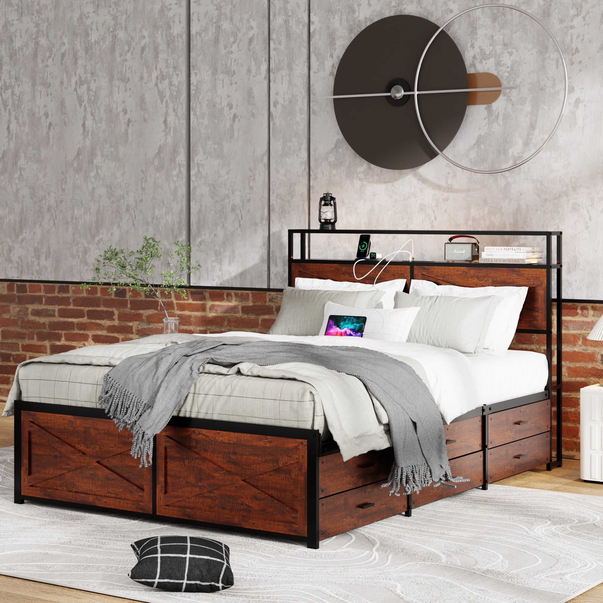 Gdfstudio Emery Queen Bed Frame With Storage Headboard 12 Drawers Rgb Led Lights Charging Station