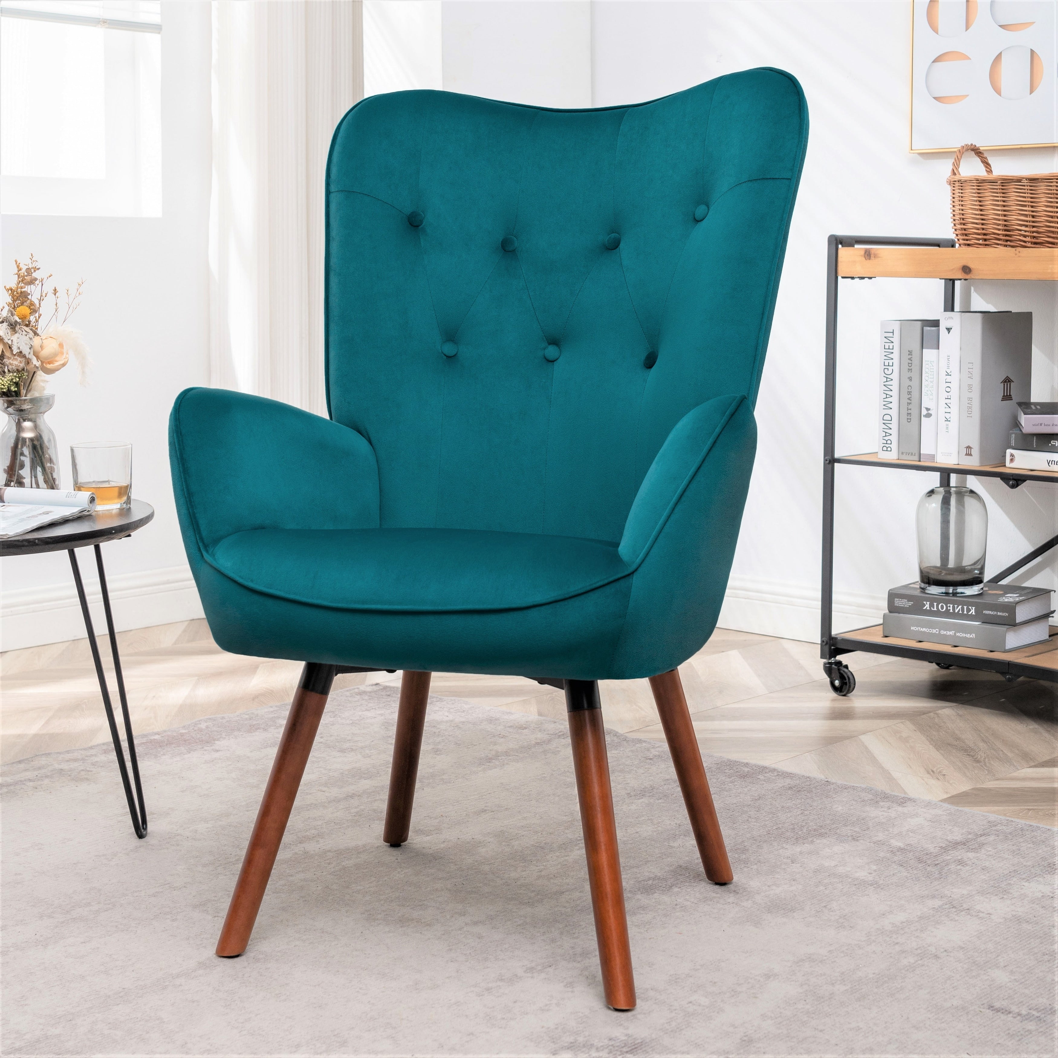 Gdfstudio Finn Mid Century Modern Wingback Accent Chair With Button Tufting Solid Wood Splayed Legs Armchair