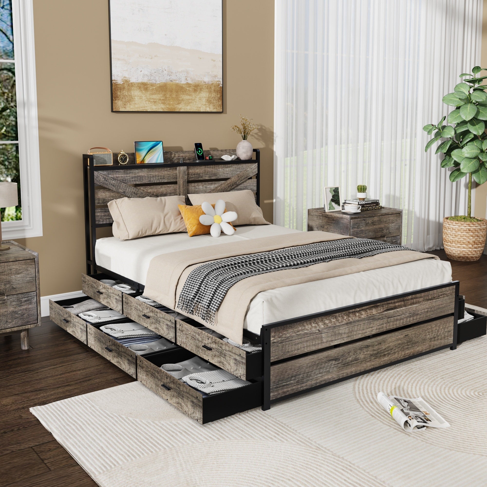 Gdfstudio Haven Bed Frame With Storage Headboard And 12 Drawers Metal Platform No Box Spring