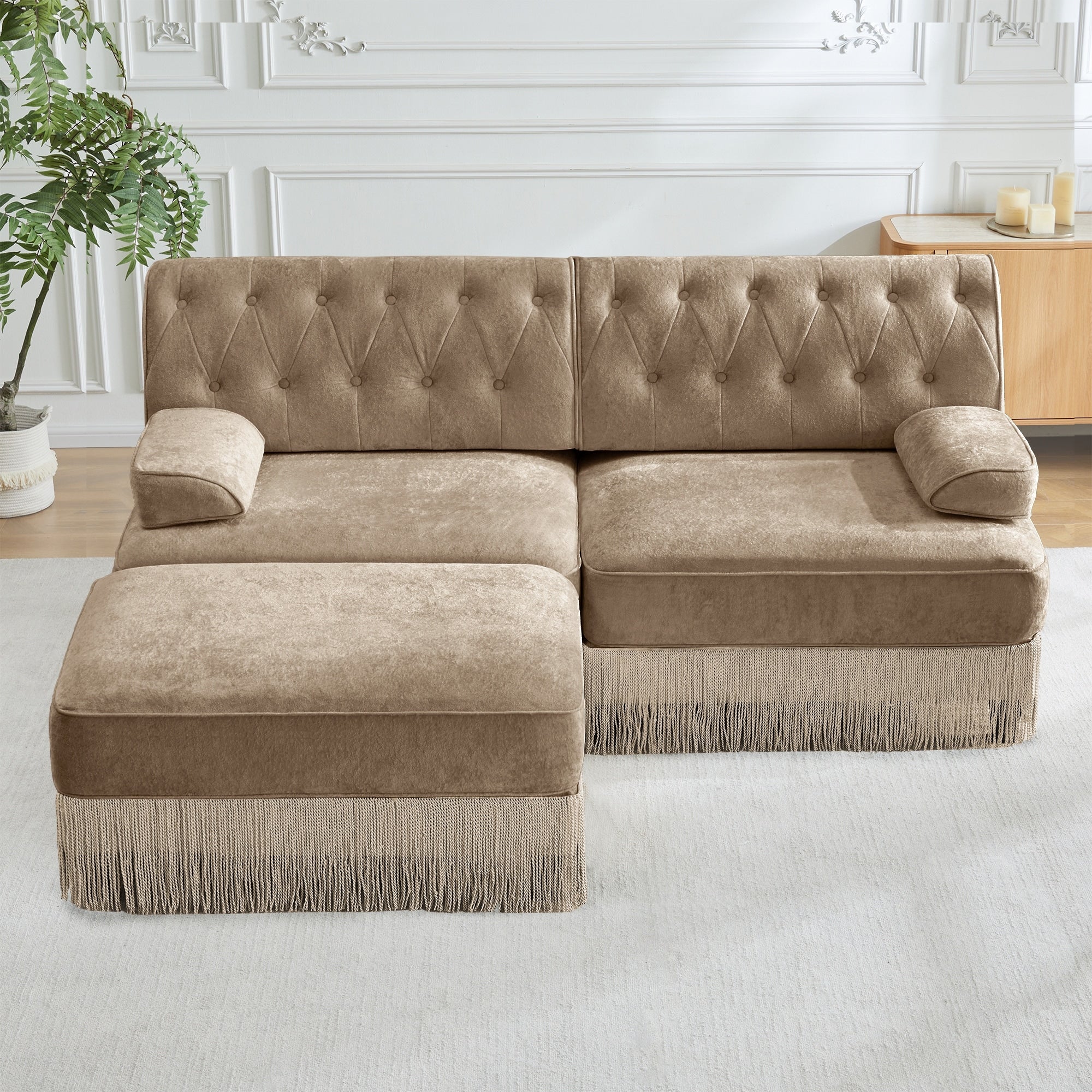 Gdfstudio Iris L Shaped Breathable Velvet Chesterfield Style Sofa With Tassel Skirt And Ottoman