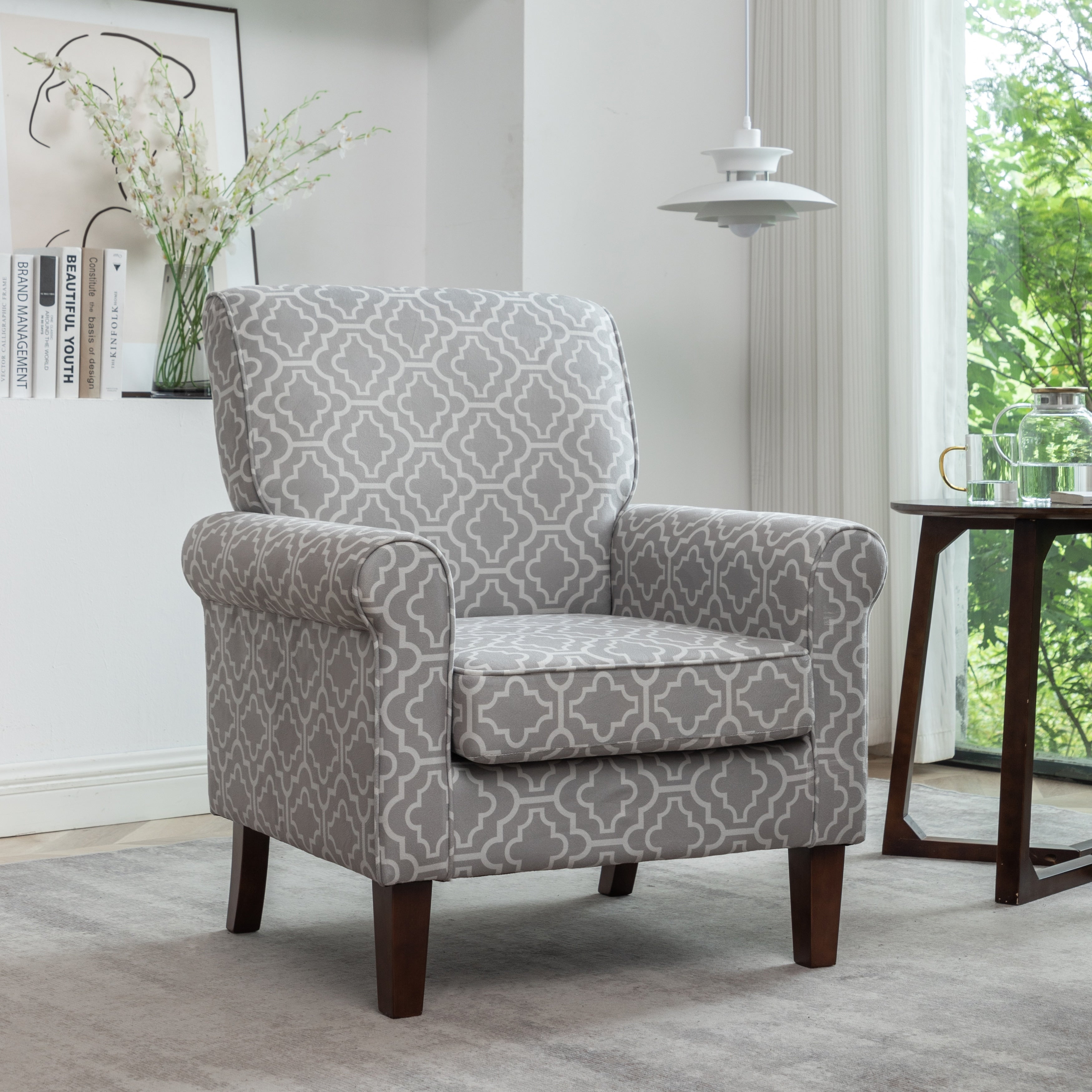 Gdfstudio Ivy Traditional Rolled Arm Armchair With Solid Birch Wood Frame Printed Cloth Upholstered Accent Chair