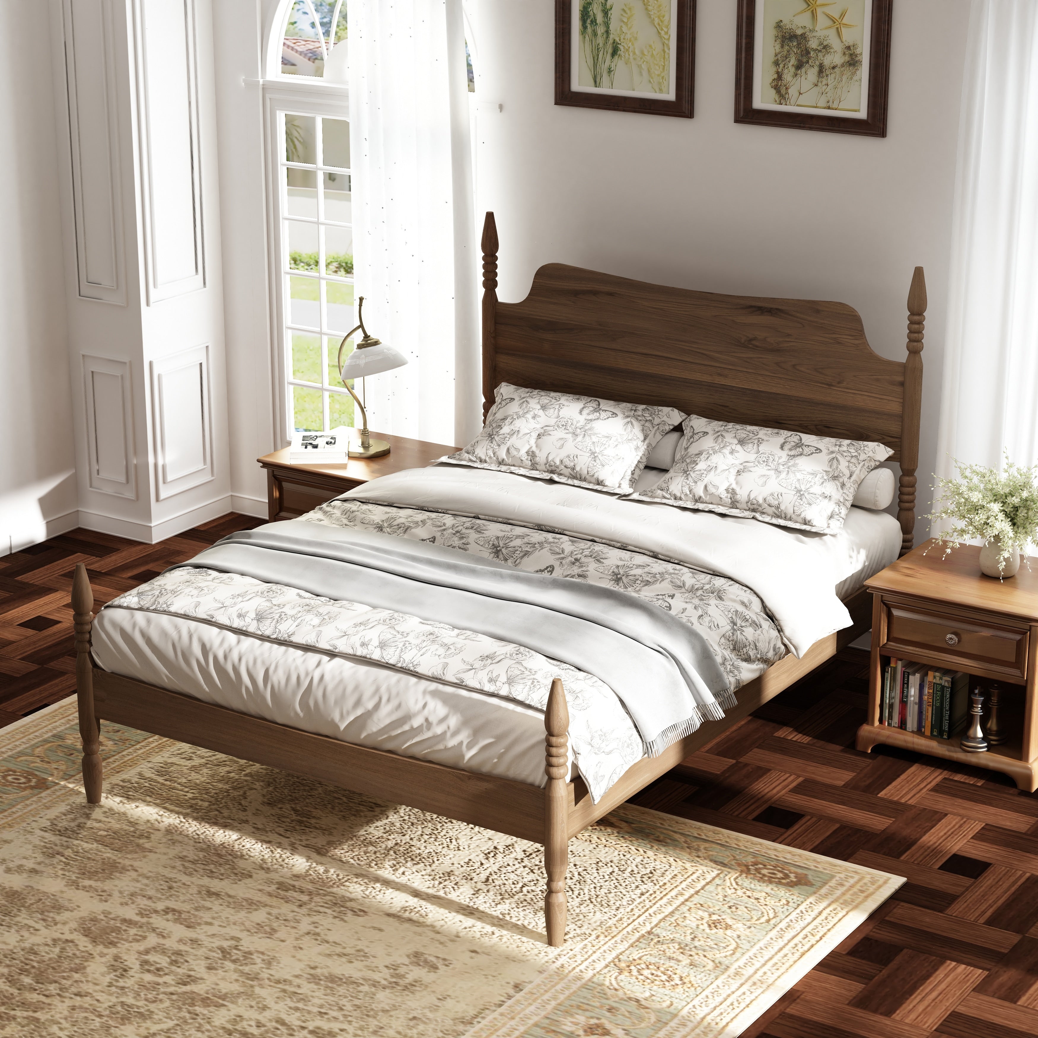 Gdfstudio Jasper Spindle Platform Bed With Curved Tall Headboard Four Poster Retro Design No Box Spring
