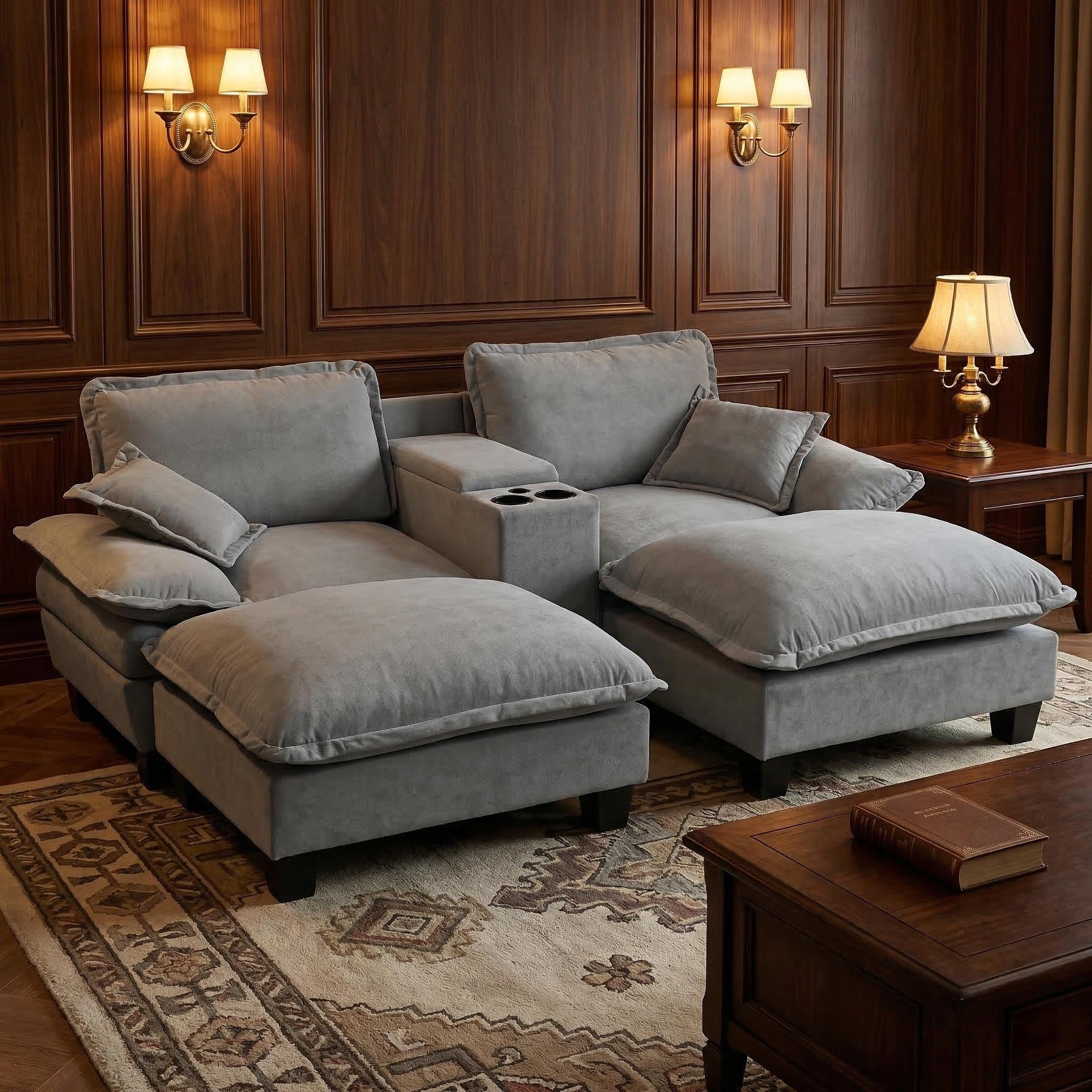 Gdfstudio Knox 88 Sailboat Chenille Sofa With 2 Ottomans Cup Holders Storage Usb 2 Pillows