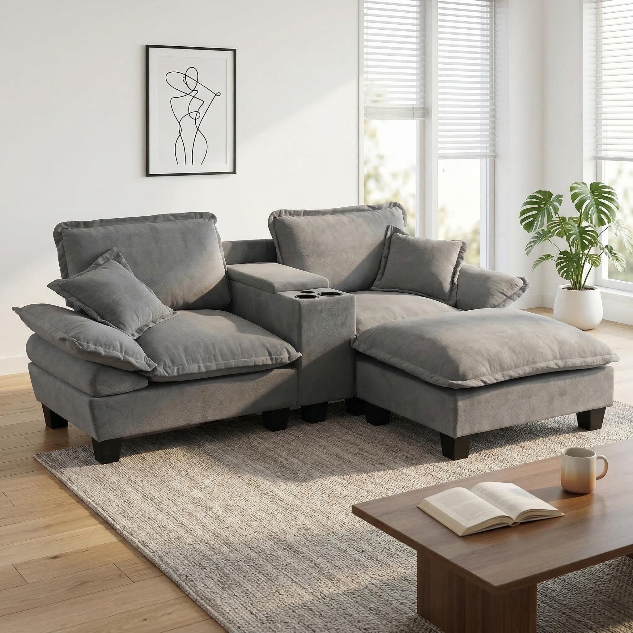 Gdfstudio Luke 88 L Shape Sailboat Chenille Sofa With 1 Ottoman Cup Holders Storage Usb 2 Pillows