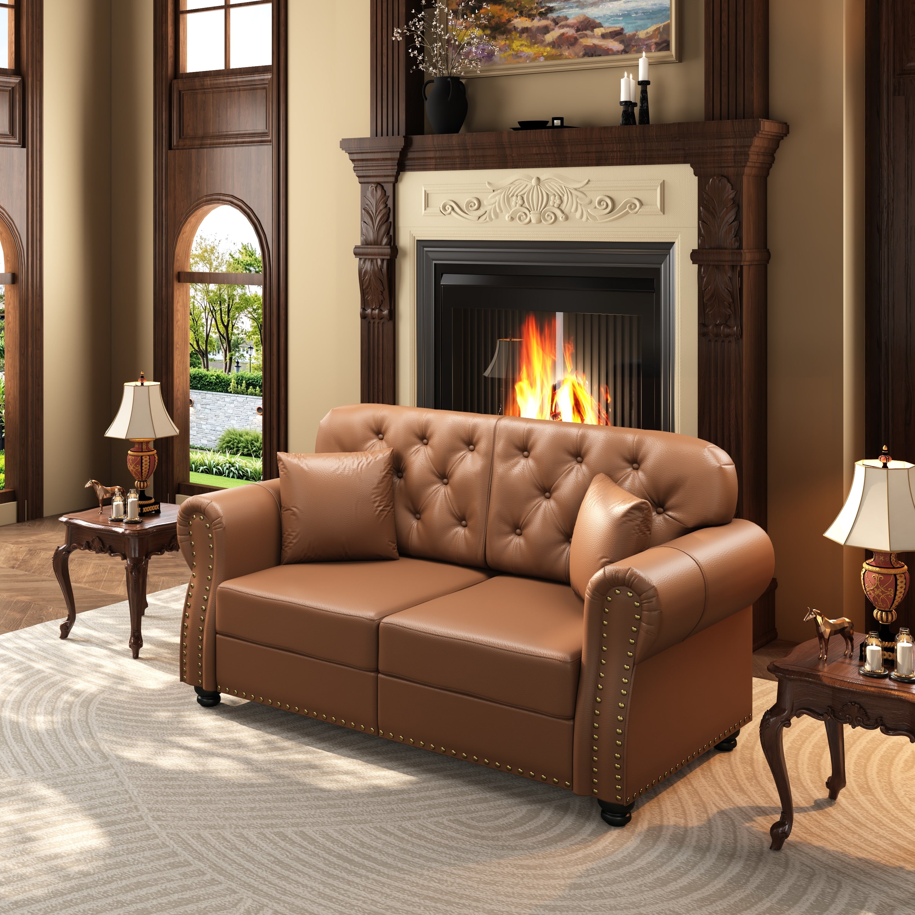 Gdfstudio Lyra Sterling 63 Upholstered Loveseat Faux Leather Sofa With Button Tufting Rolled Arms