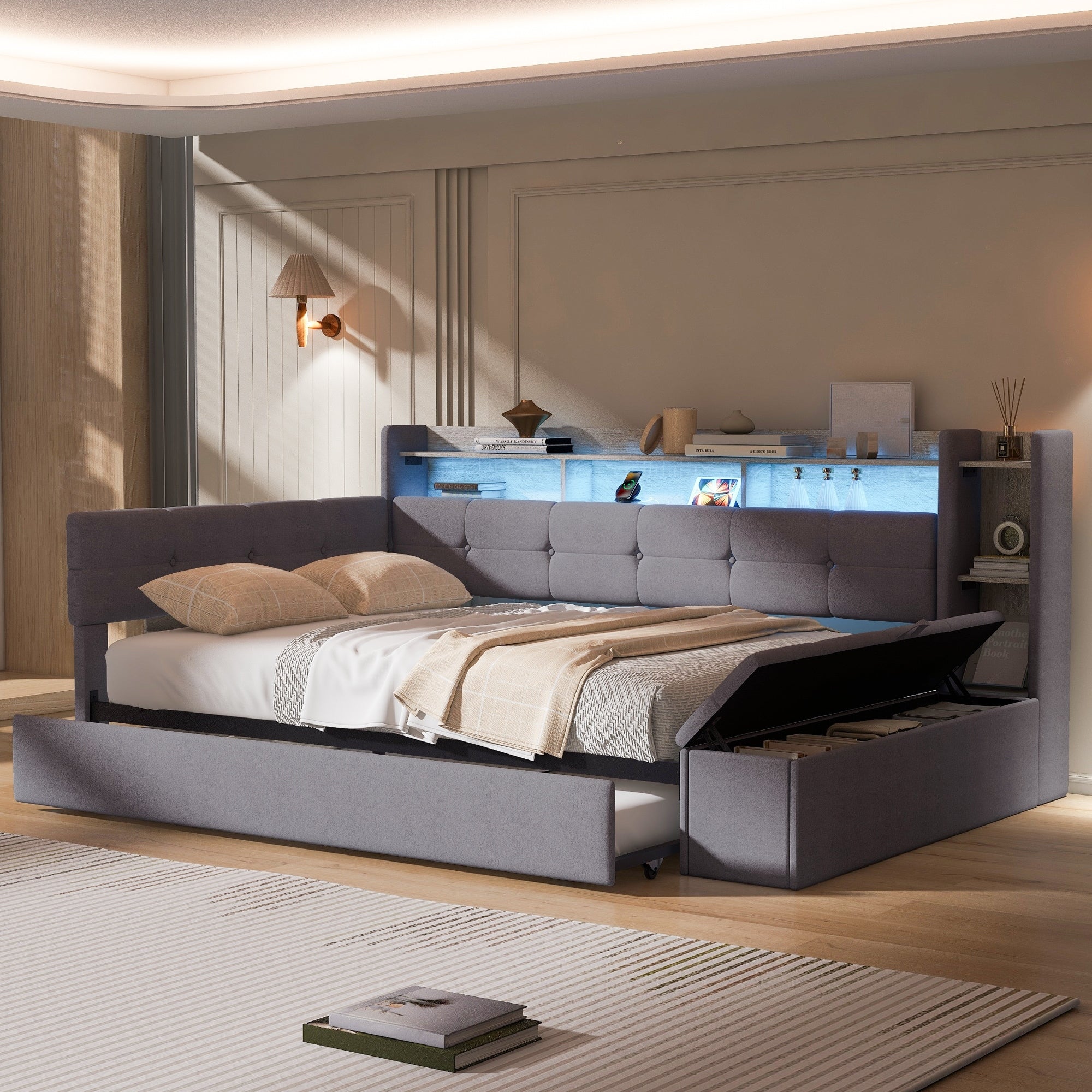 Gdfstudio Lysander Croft Upholstered Daybed With Trundle Usb Led And Storage