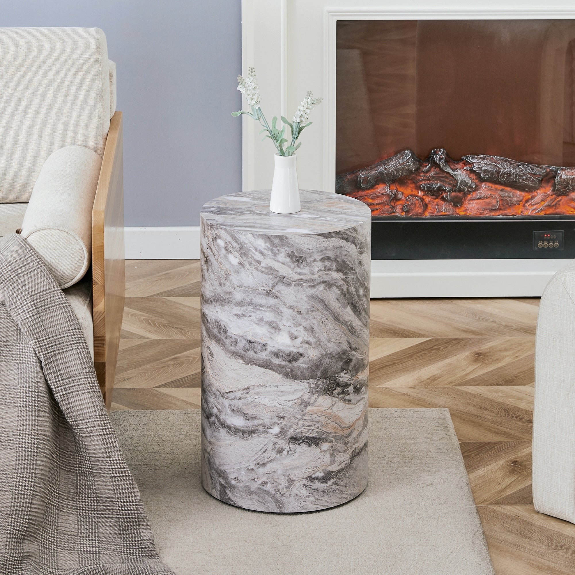 Gdfstudio Lysander Grey Marble Textured Cylindrical Side Table