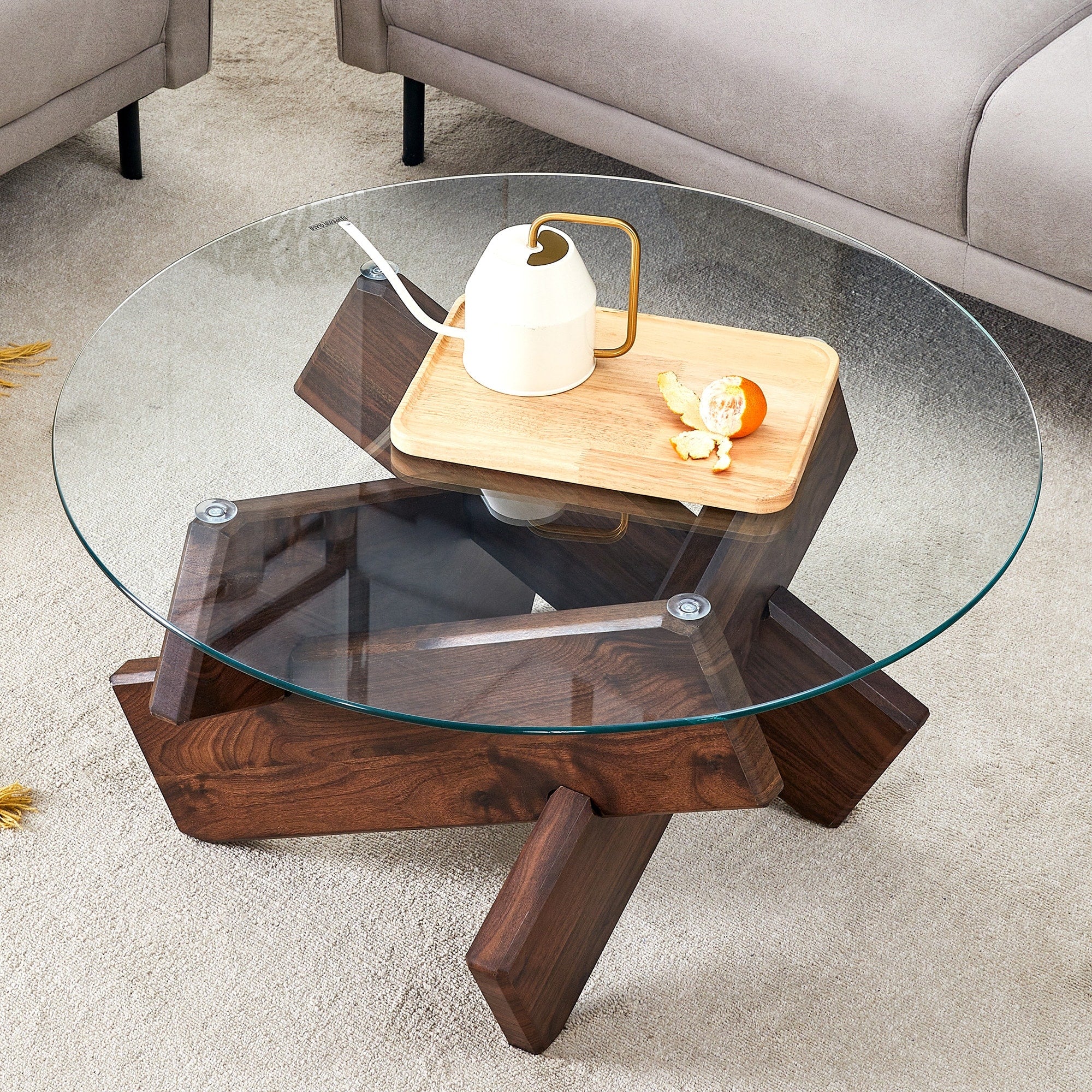 Gdfstudio Lysander Tempered Glass Coffee Table With Wood Legs