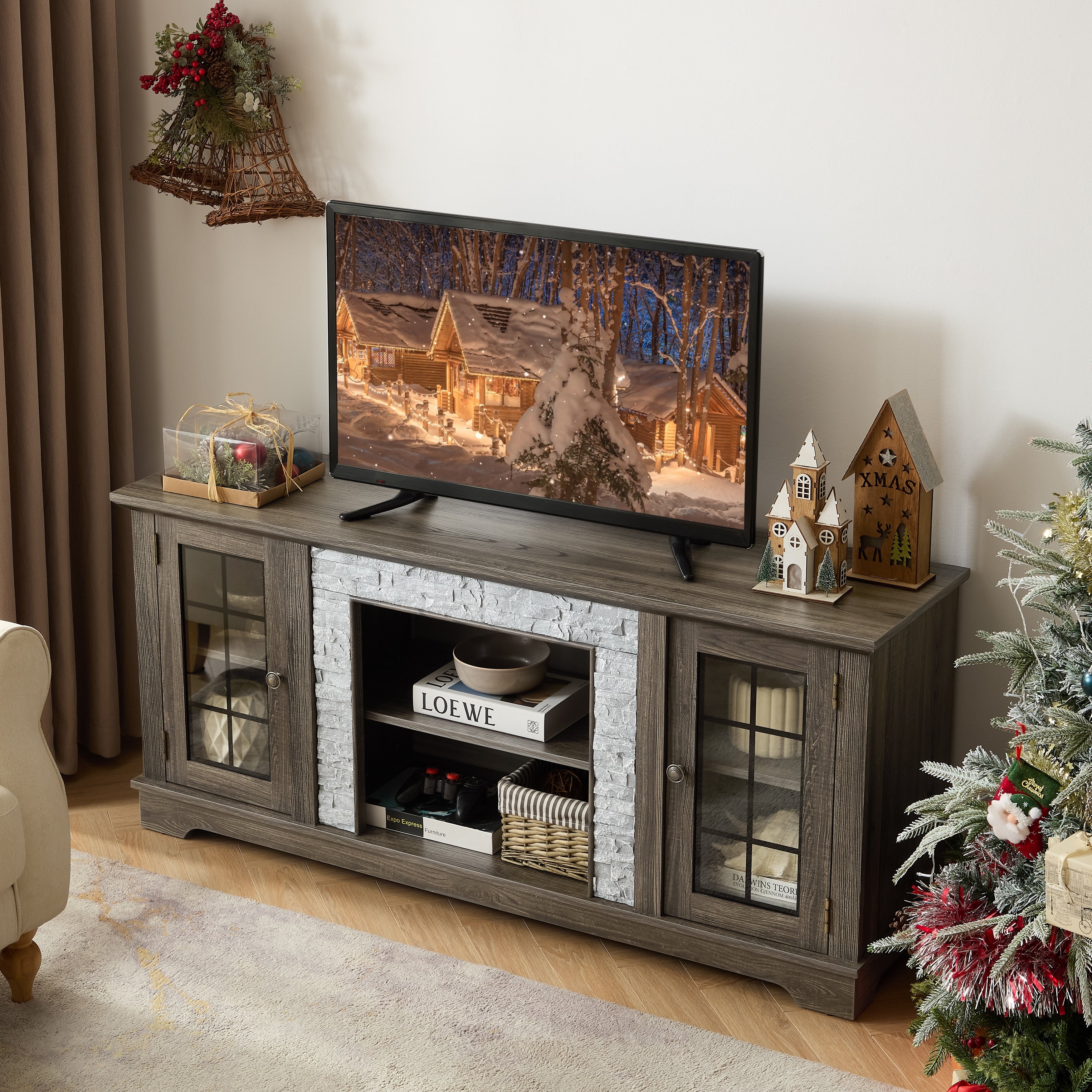 Gdfstudio Lysander Wood Tv Stand With Faux Stone And 2 Door Storage